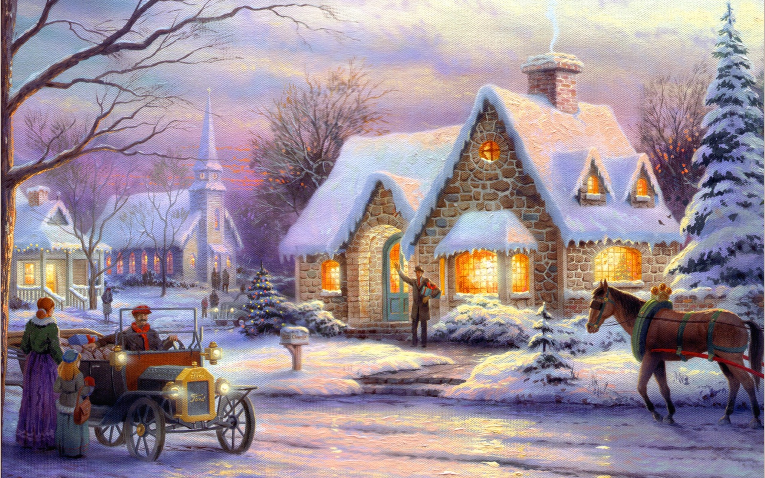 2560x1600 painting winter snow cottage horse wallpaper ForWallpapercom 
