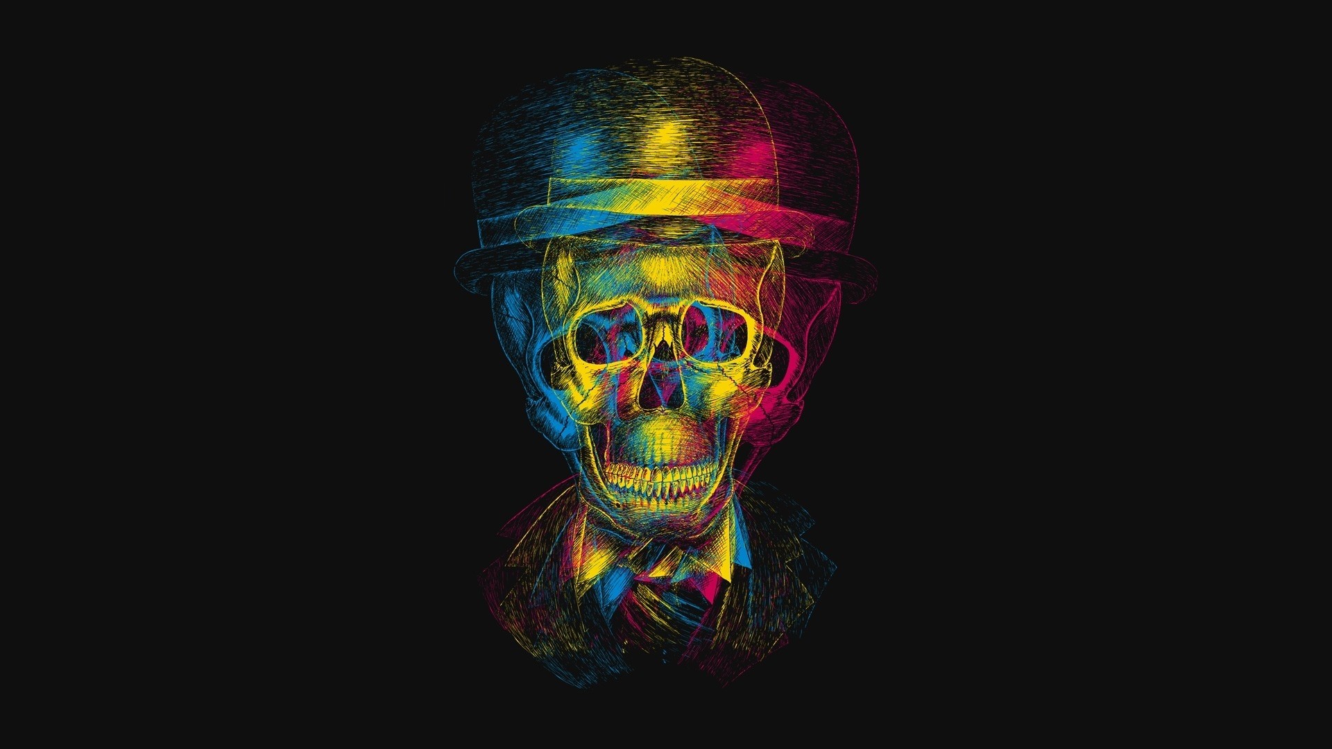 1920x1080  Wallpaper skull, hat, anaglyph, drawing