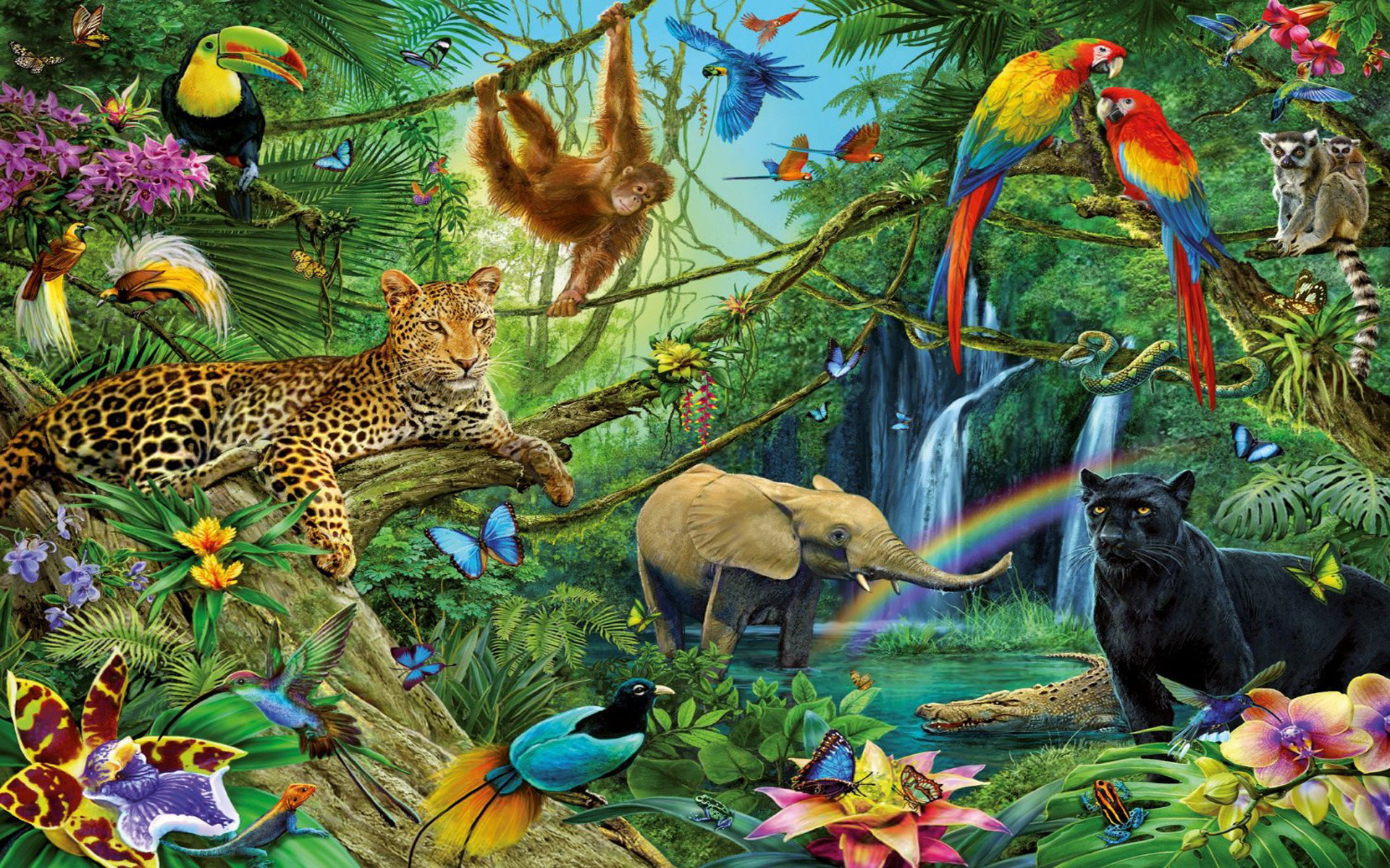 1920x1200 KÃ¼nstlerisch - Painting Schwarzer Panther Leopard Tukan Lemur Papagei  Elefant Affen KÃ¼nstlerisch Dschungel Wallpaper