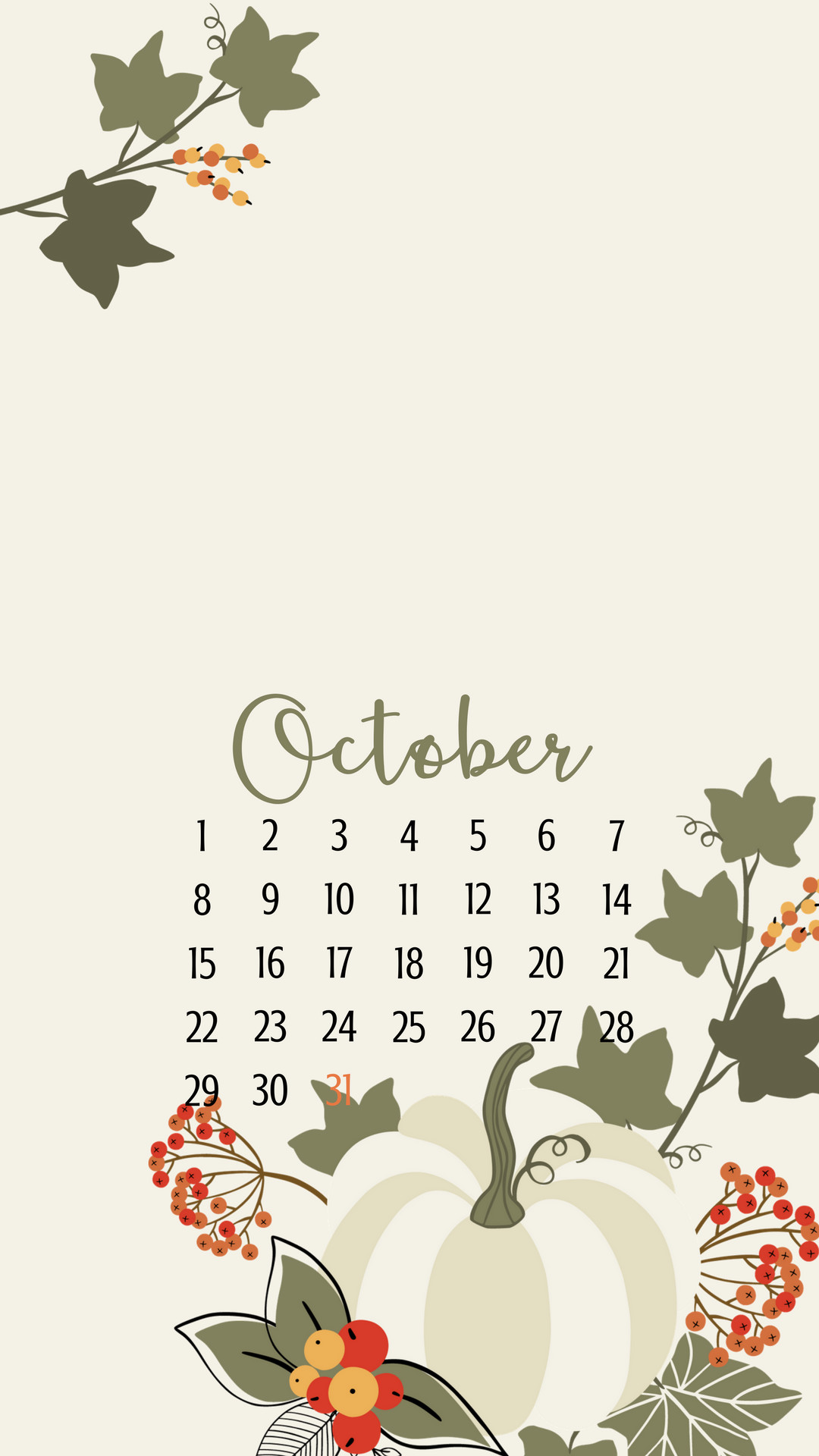 1080x1920 Click to download Eggshell October Calendar Background.