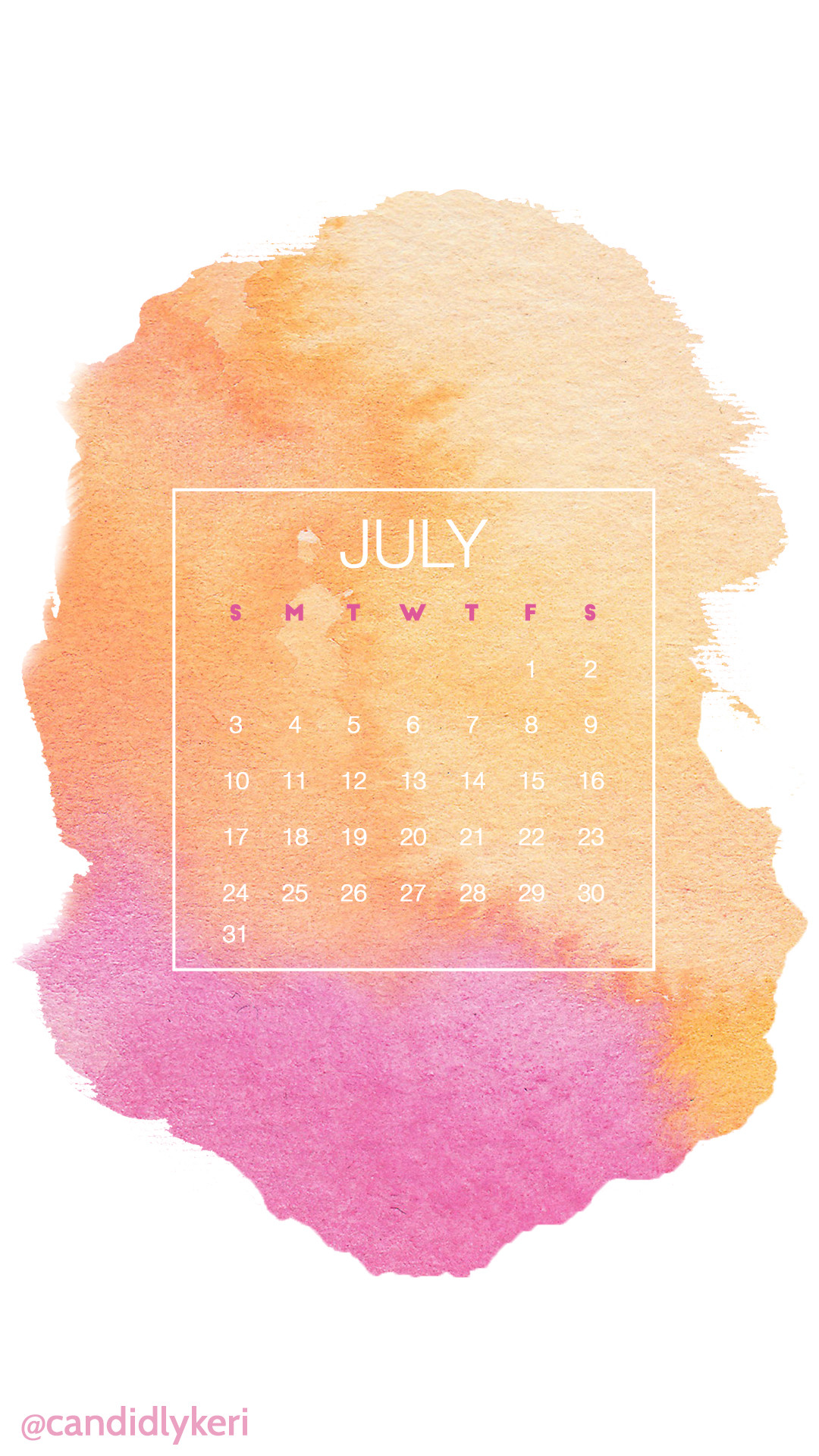 1080x1920 Pink and orange watercolor July 2016 calendar wallpaper free download for  iPhone android or desktop background