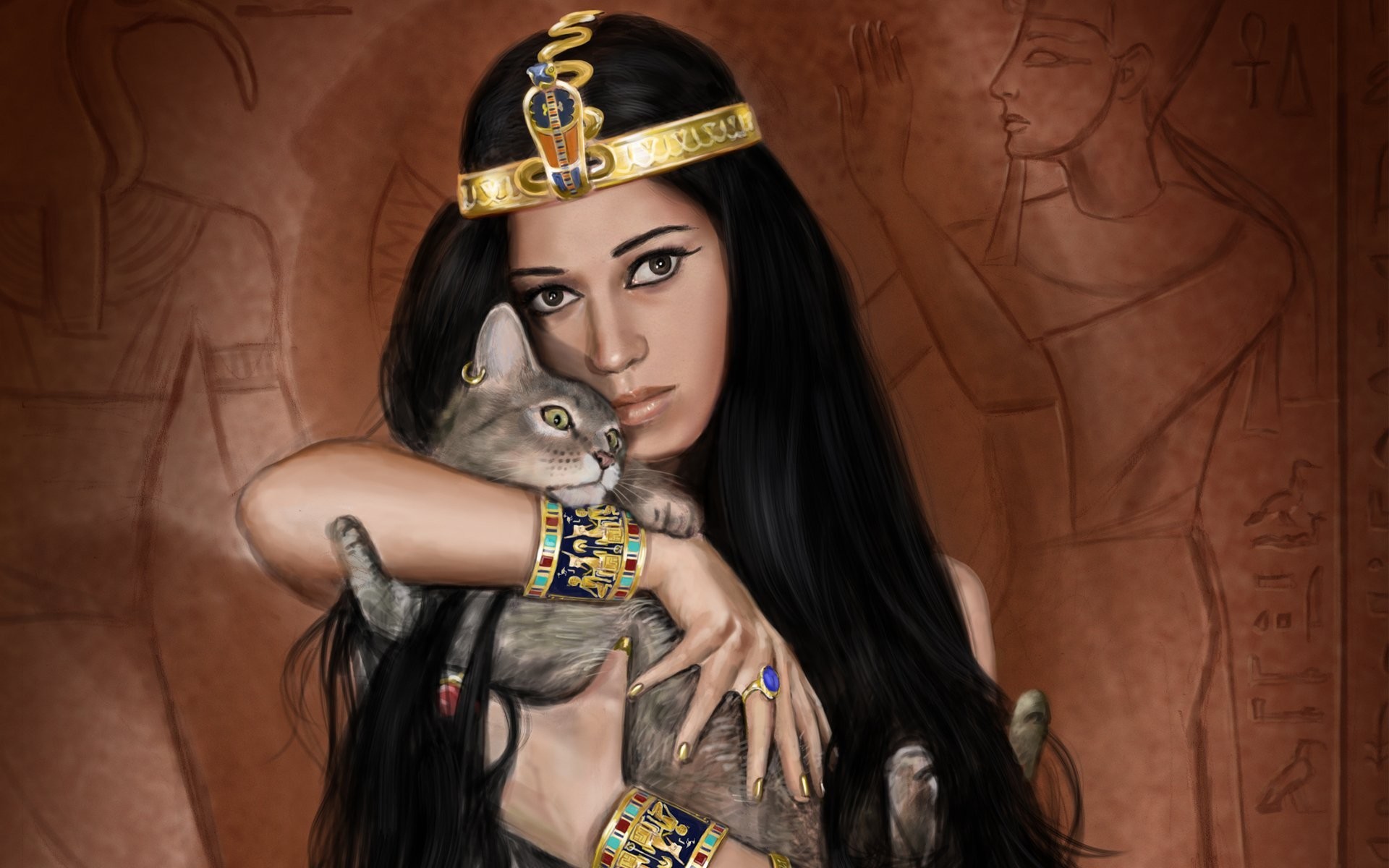 1920x1200 art girl egypt egyptian queen cat decoration