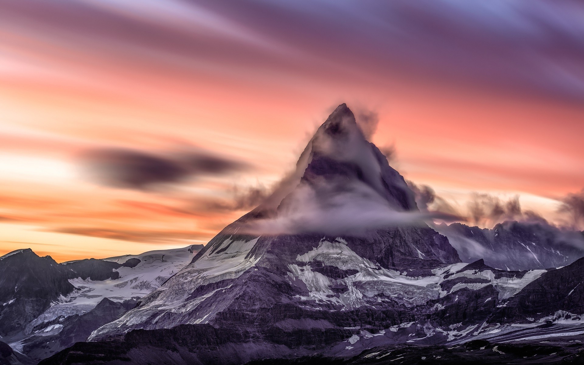 1920x1200 nature, Mountain, Sunset, Landscape, Clouds, Long Exposure, Matterhorn,  Switzerland, Alps Wallpapers HD / Desktop and Mobile Backgrounds
