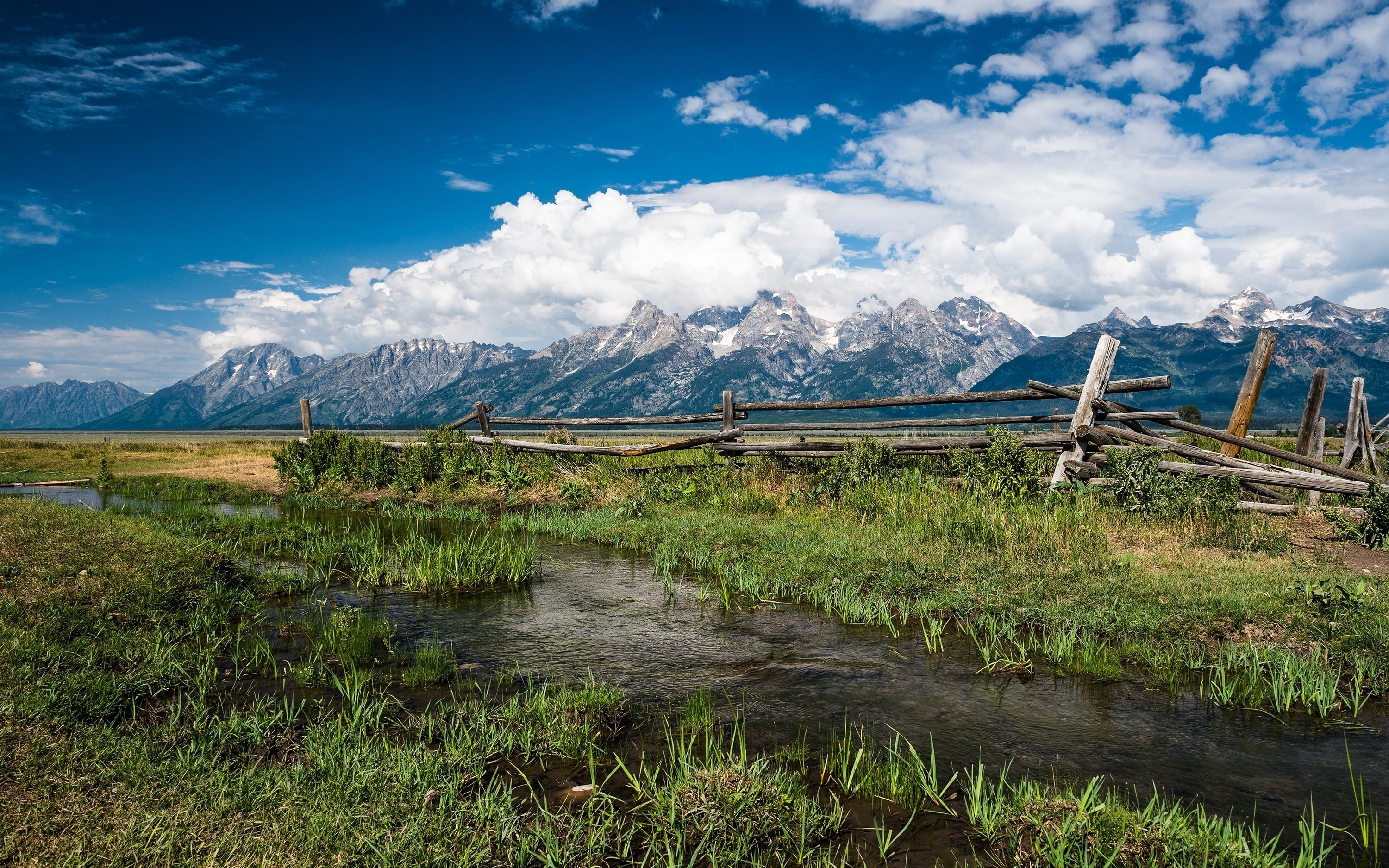 3000x1875 nature landscape fence mountain grass creeks clouds grand teton national  park wallpaper and background
