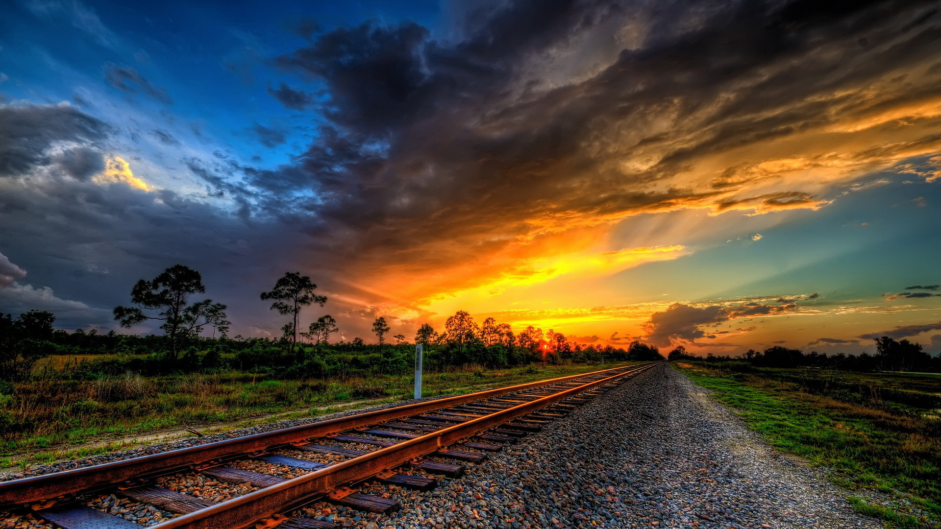 1920x1080 Wonderful Sunset On Train Tracks Hdr HD Desktop Background