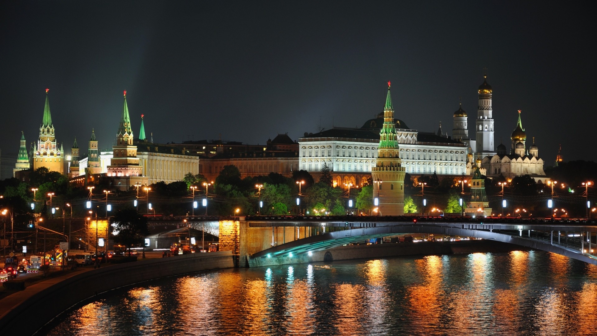 1920x1080 Preview wallpaper city , moscow, night, lights, bridge, reflection,
