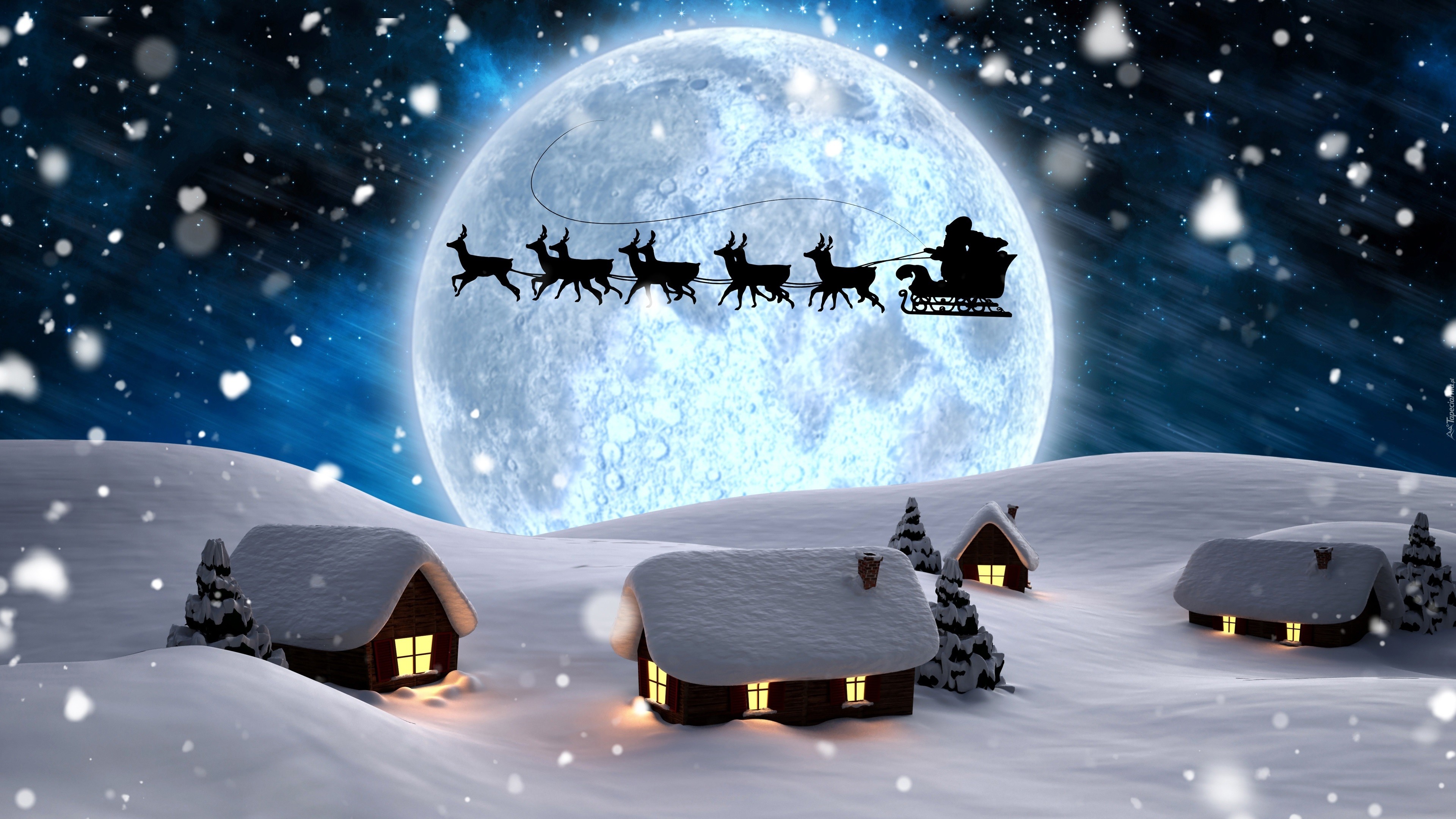 3840x2160 Santa on Sleigh Flying Over Christmas Village Wallpaper