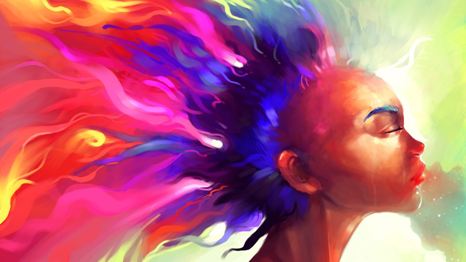 1920x1080  Wallpaper face, hair, paint, colorful, abstract