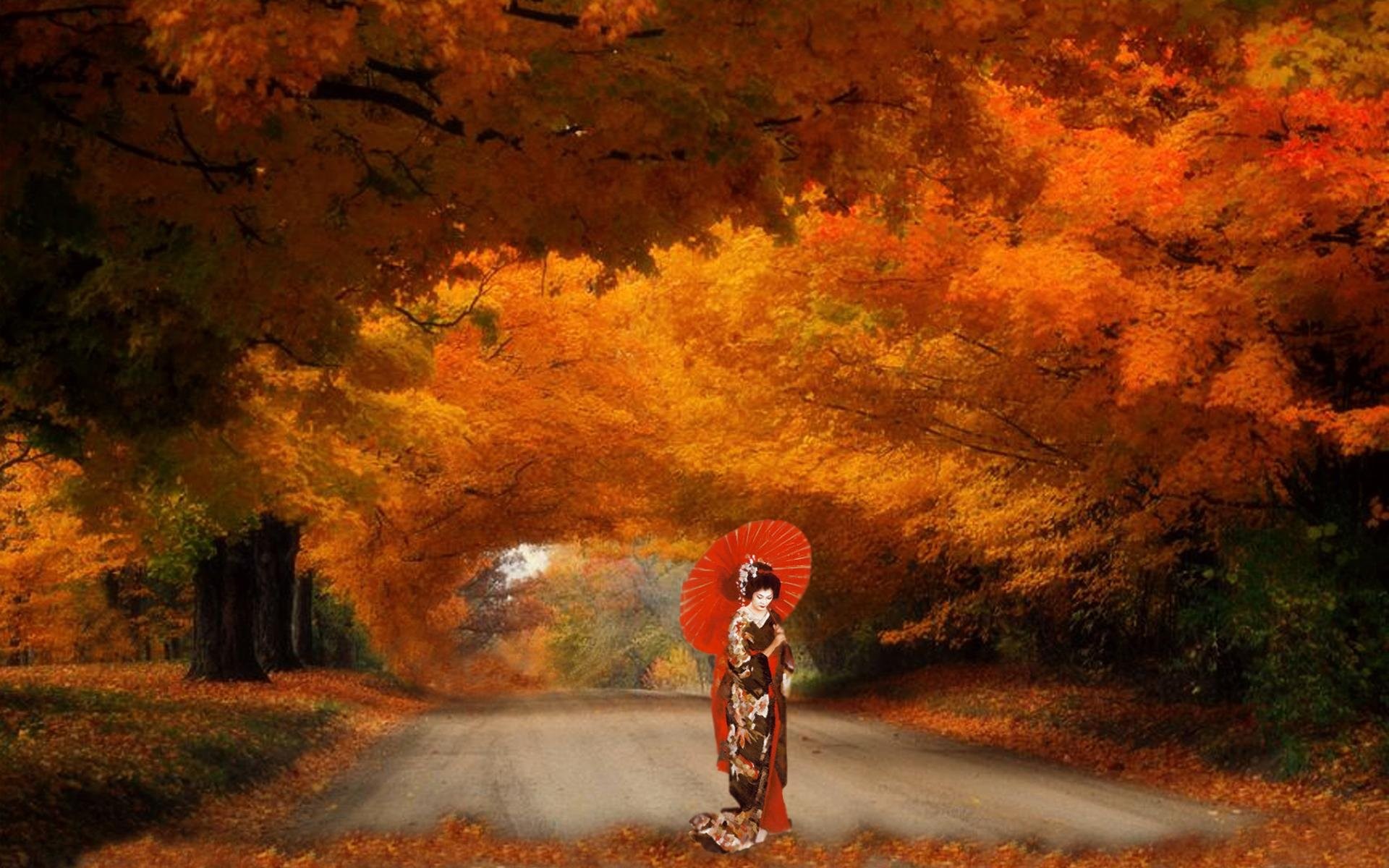 1920x1200 AUTUMN fall landscape nature tree forest leaf leaves path trail asian  oriental mood umbrella geisha wallpaper |  | 838042 | WallpaperUP