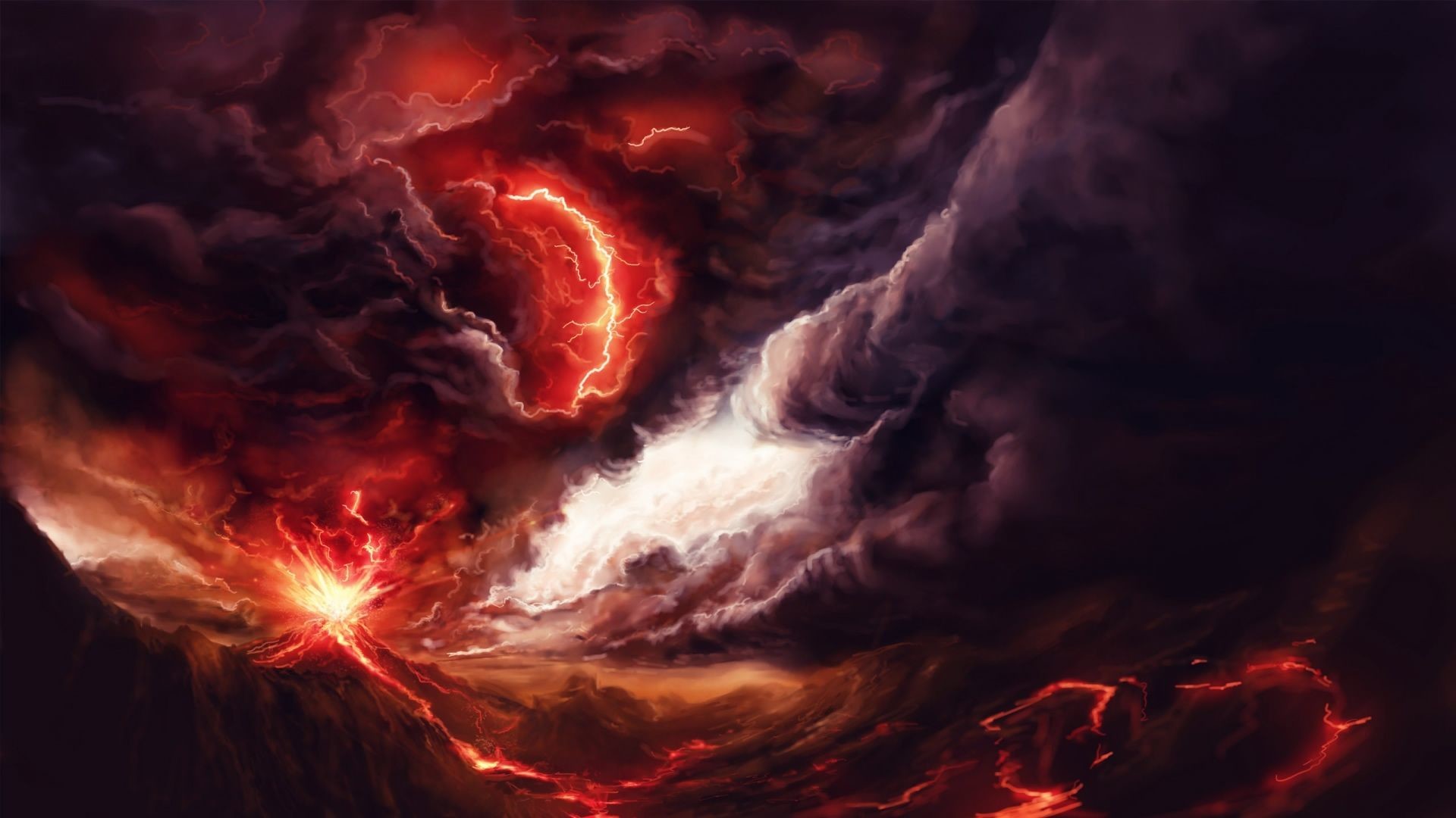 1920x1080 Art volcano explosion fire smoke mountains lightning storm .
