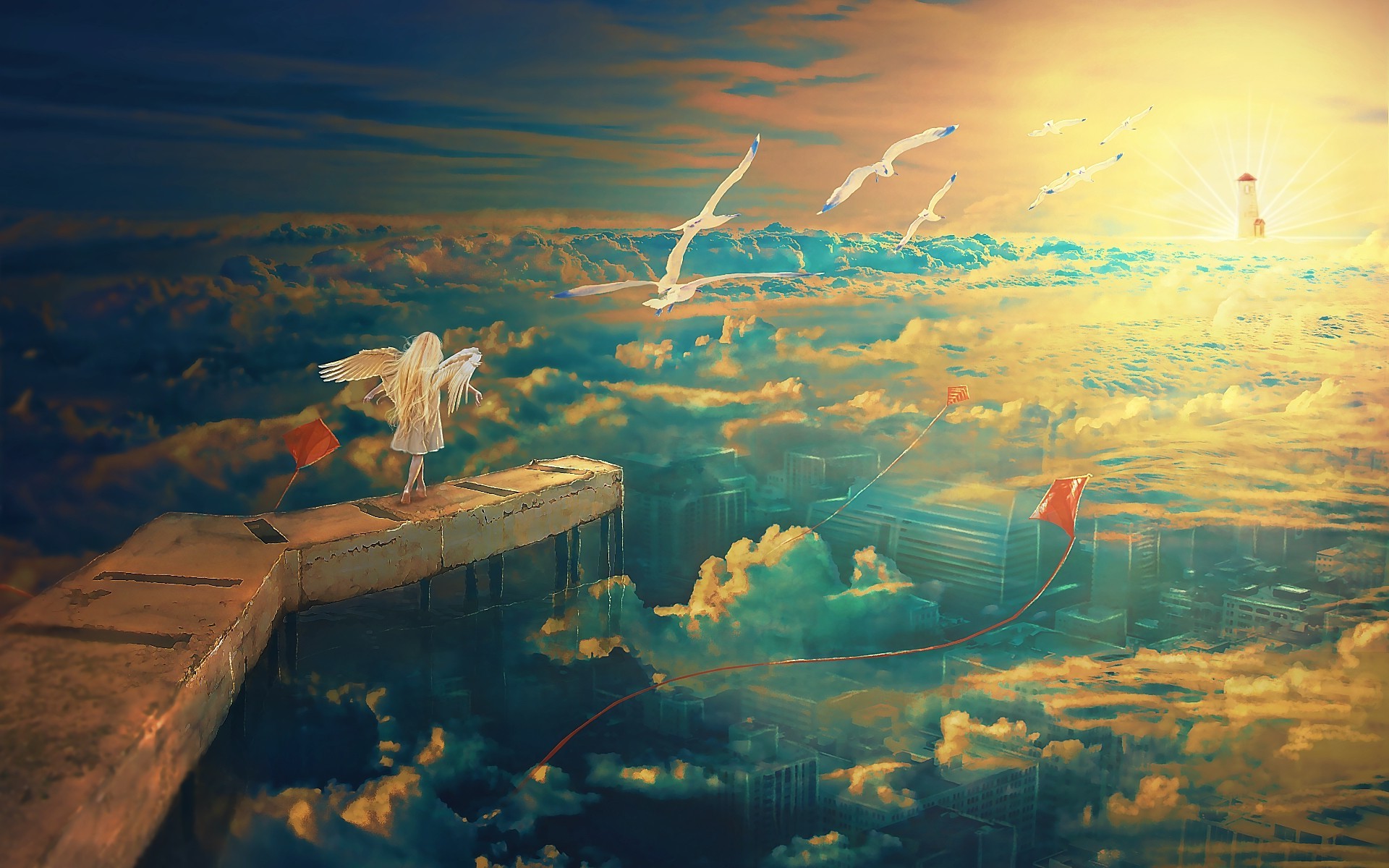 1920x1200 anime, Fantasy Art, Seagulls, Kites, Wings, Clouds, City, Lighthouse,  Sunset, Rooftops, Horizon Wallpapers HD / Desktop and Mobile Backgrounds