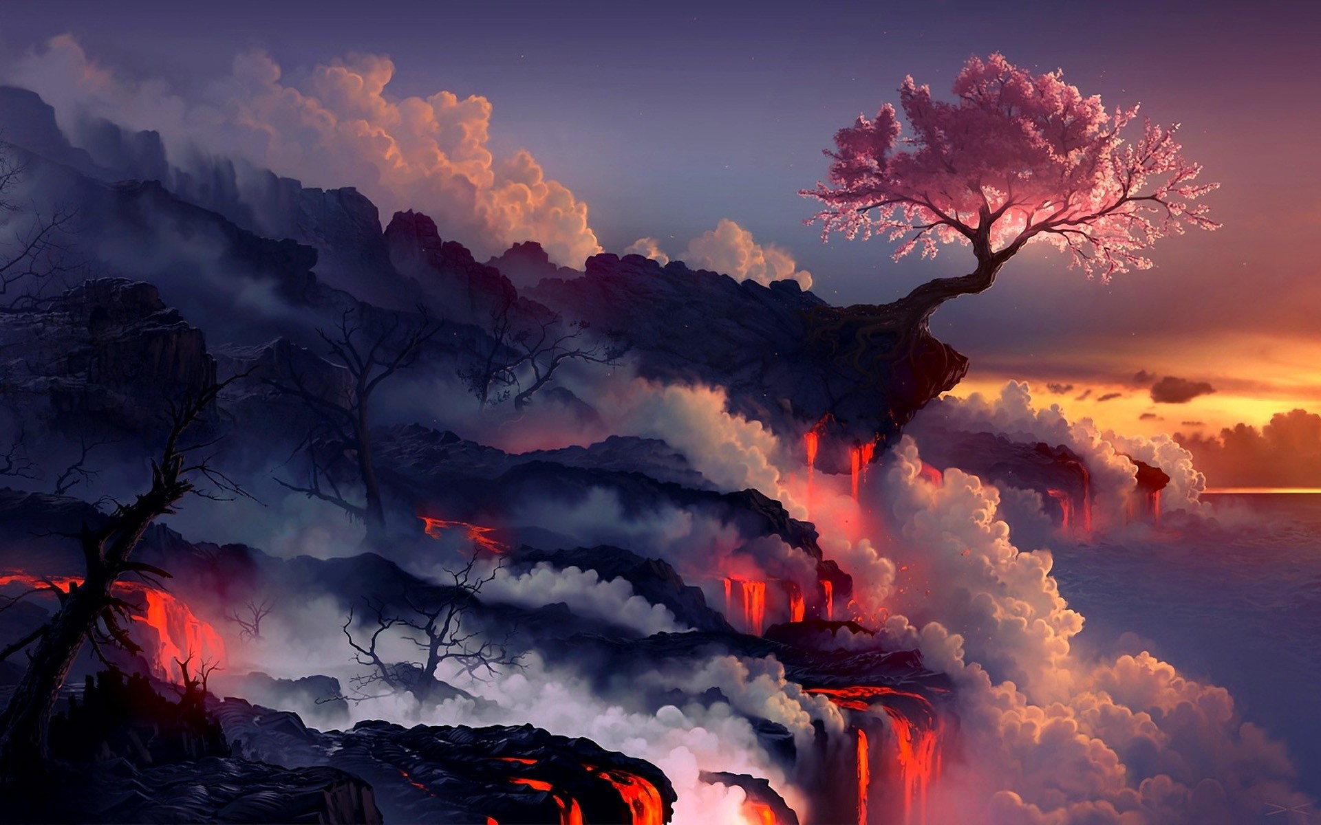 1920x1200 amazing drawings, trees, lava,landscapes, widescreen,cool images, sea,  backgrounds, artwork, blossoms, smoke, abstract backgrounds, cherry, rocks  Wallpaper ...