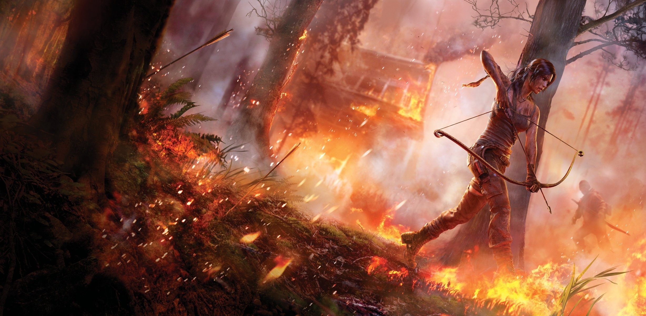 2455x1200 tomb raider tomb raider girl forest fire house meadow tree grass
