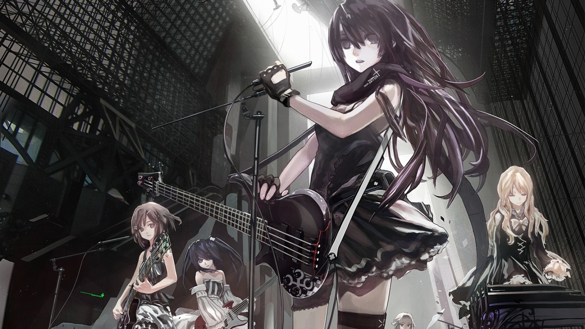 2048x1152 Preview wallpaper anime, girls, crowd, music, band, guitar, microphone  