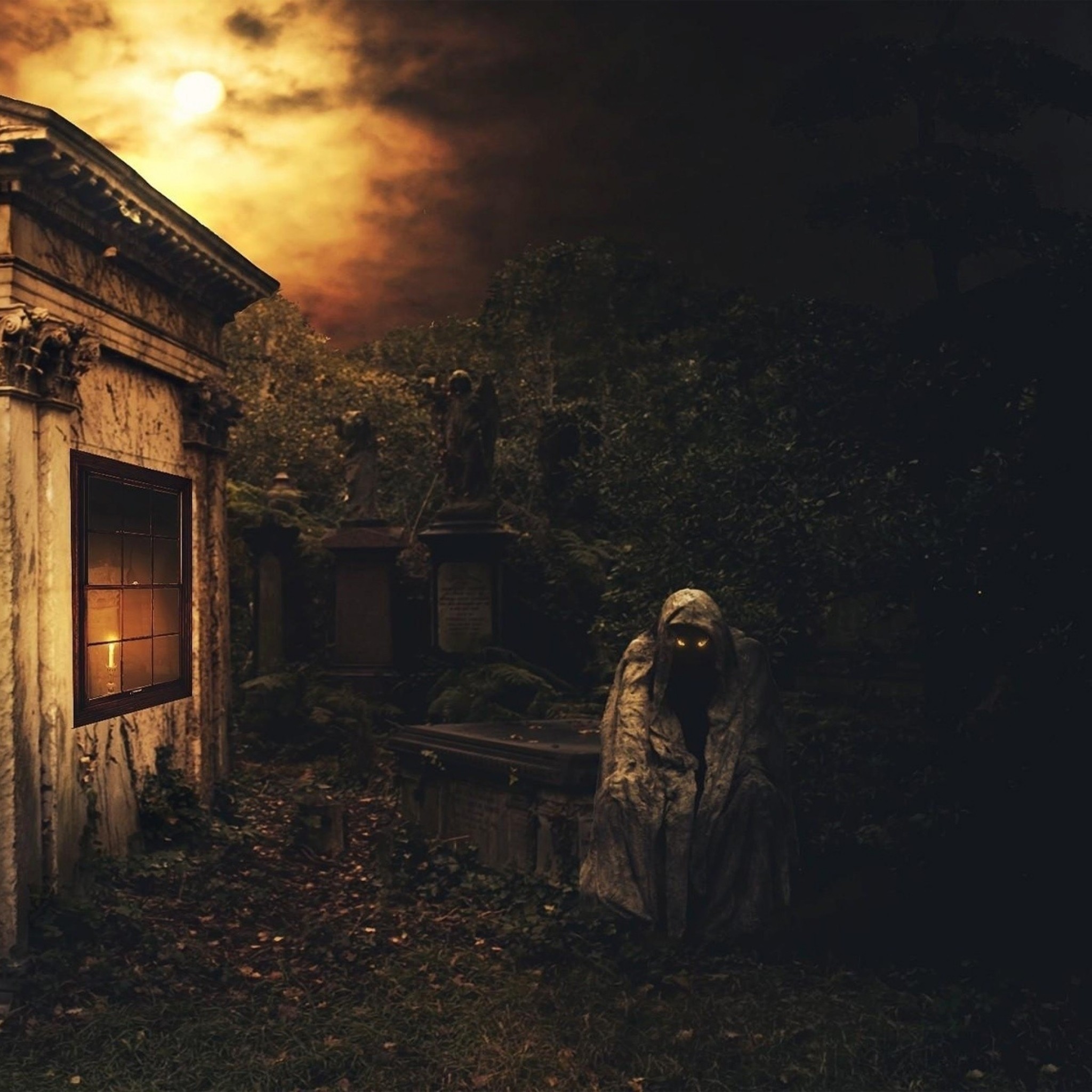 2048x2048 Preview wallpaper night, crypt, death, cemetery, darkness 