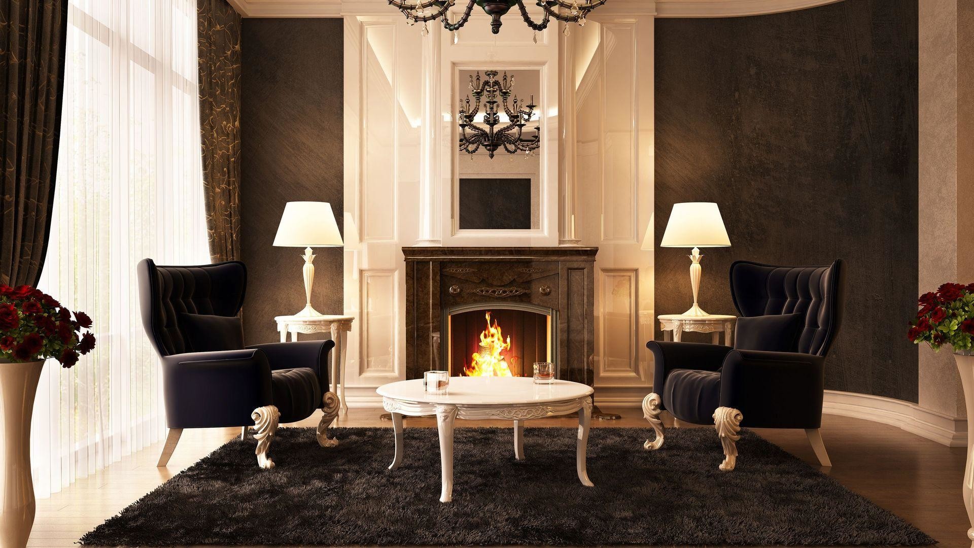 1920x1080 HD Black chairs in front of the fireplace Wallpaper