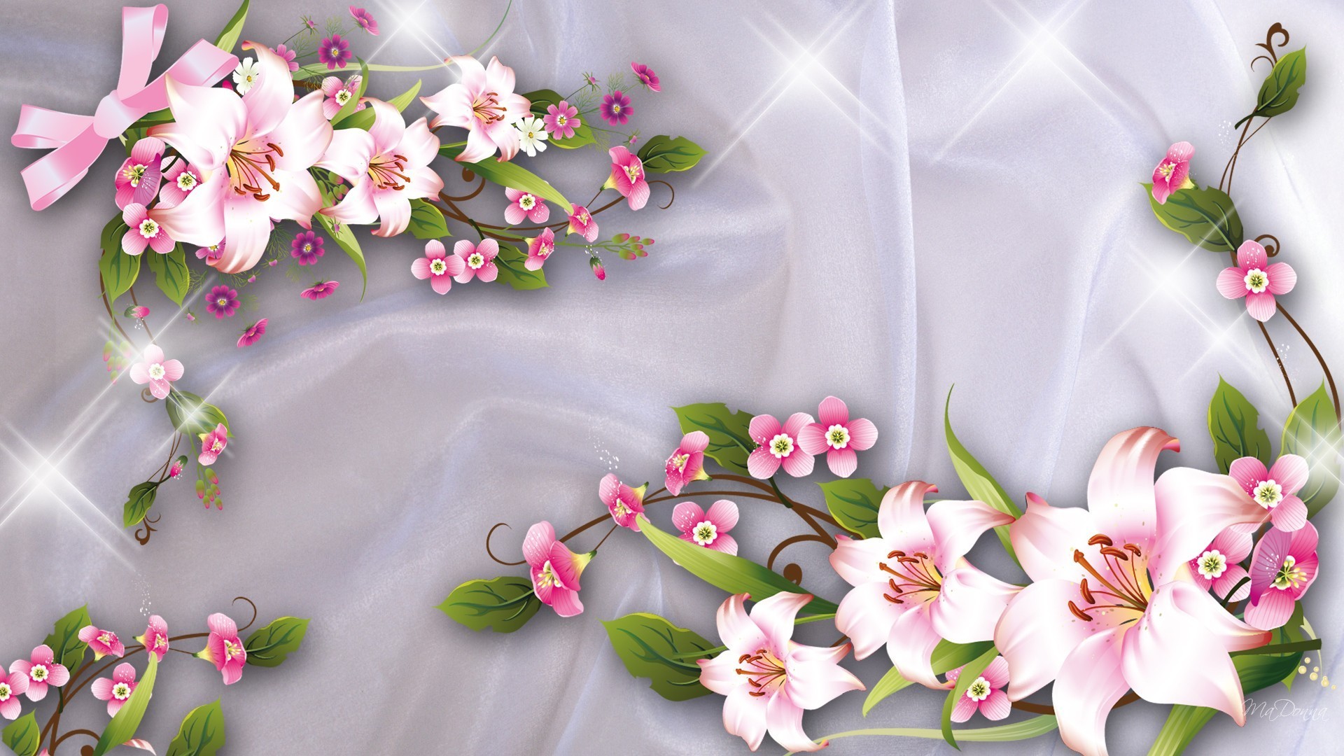 1920x1080 Bows Satin Shiny Flowers Lilies Sparkles Ribbons Stars Pink Flower Desktop  Wallpaper Hd