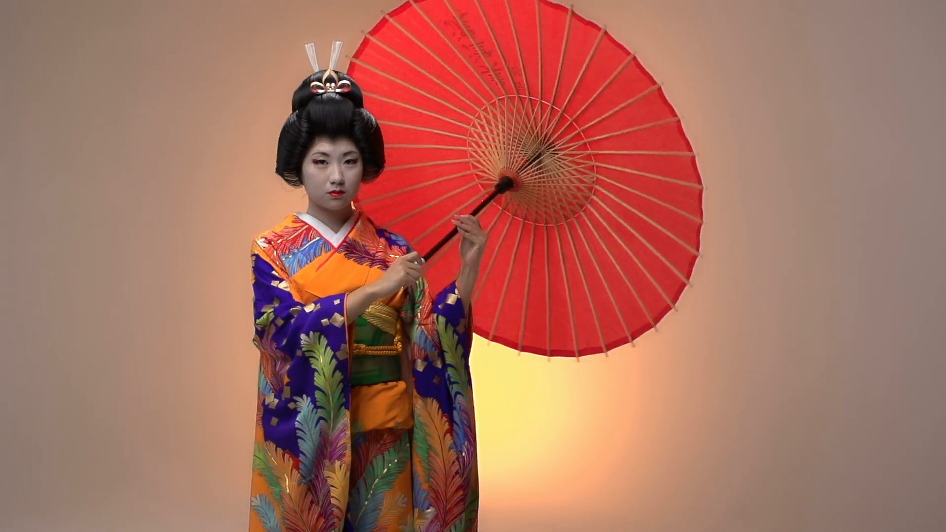 1920x1080 Japanese Geisha performer posing with sun parasol in studio, slow motion  Stock Video Footage - Storyblocks Video