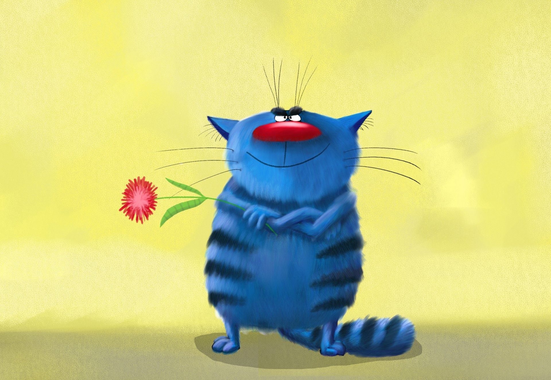 1920x1324 art painting pattern painting cat funny striped blue cool cat smiles holds  in the paws flower