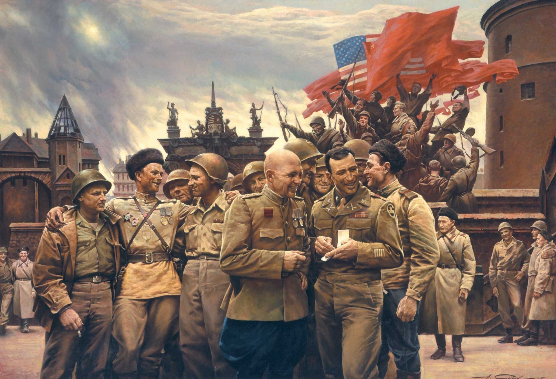 1920x1309 war victory men soviet union united states flags