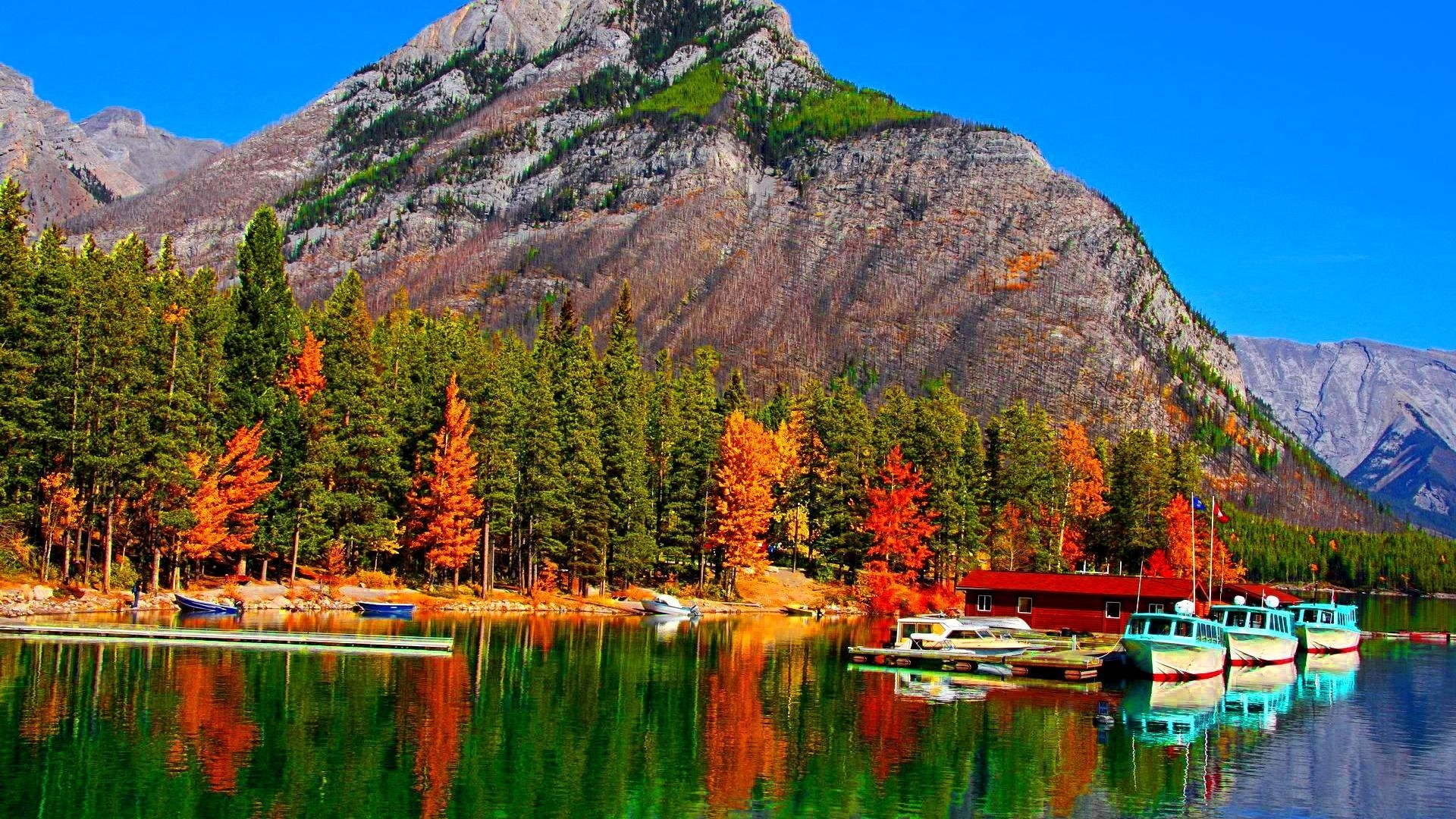 1920x1080 Fall Colors Lake Banff Canada Mountain Reflection Boats Autumn Forest Docks  Wallpaper - 