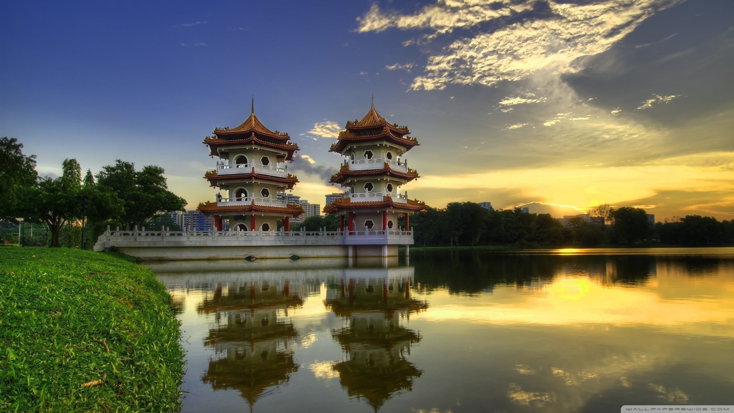 2560x1440 General  architecture nature landscape trees forest Asian  architecture Singapore pagoda lake grass water reflection clouds