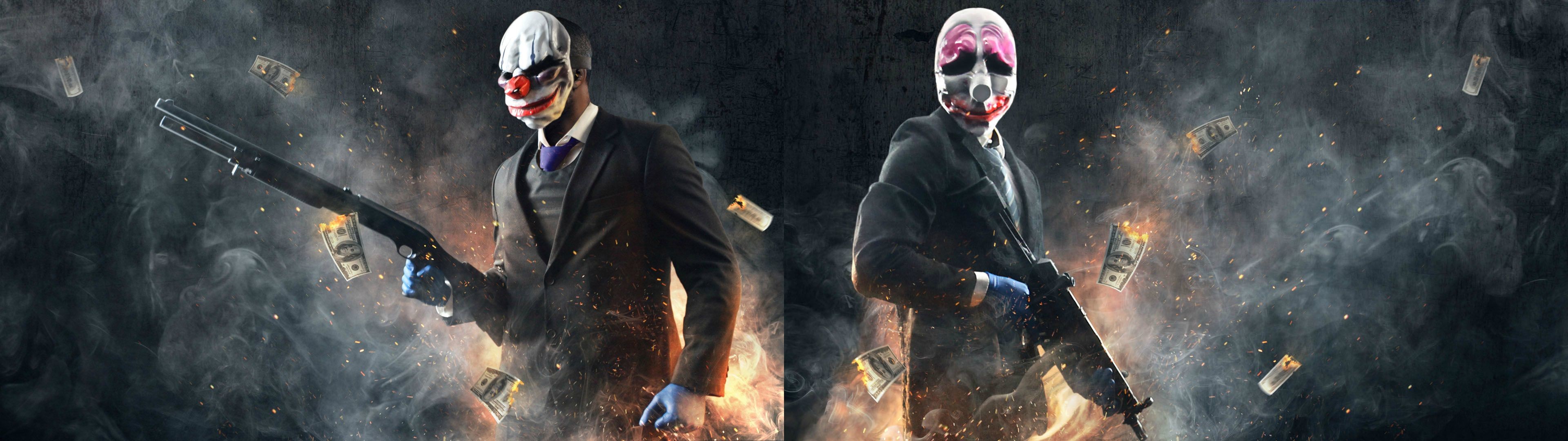 3840x1080 A Payday 2 dual monitor wallpaper i made from steam cards .