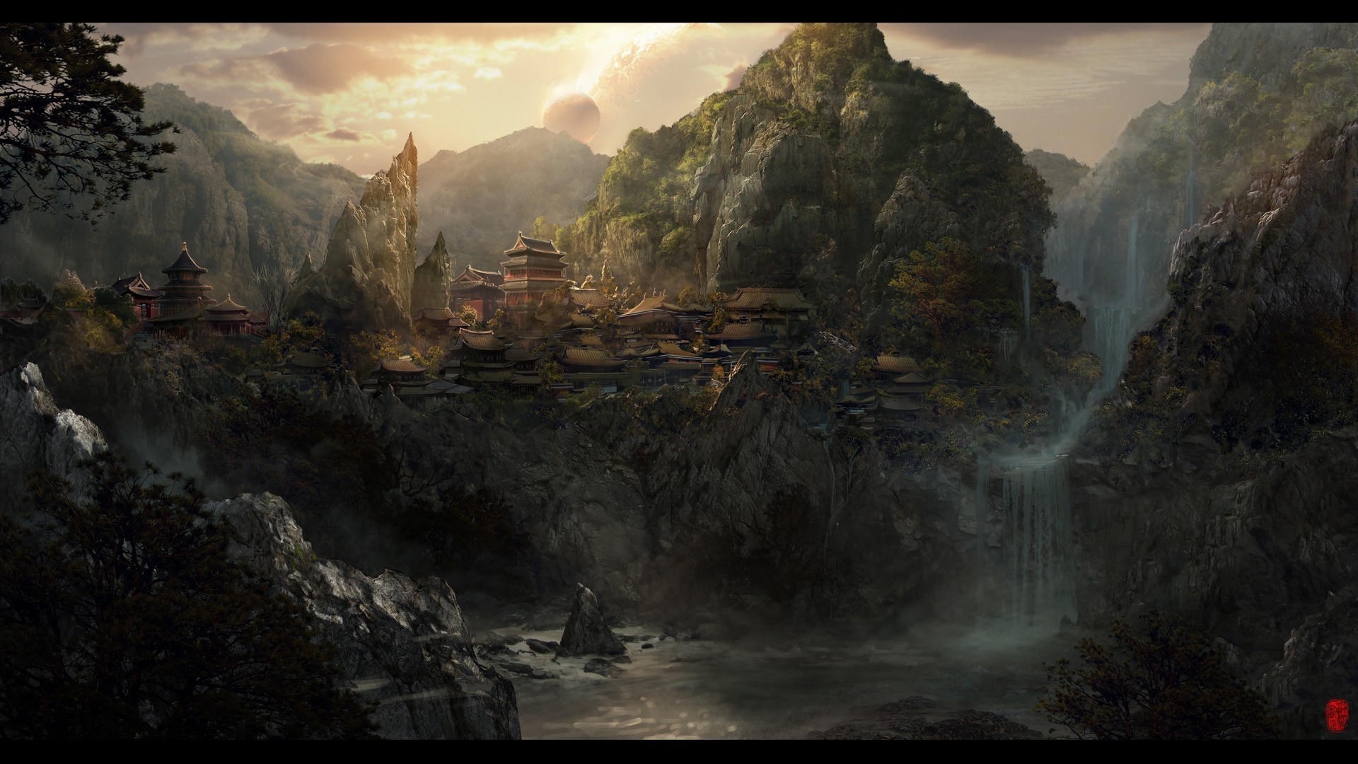 1920x1080 frank-hong frankhong_deviantart_com fantasy asian oriental landscapes  cities castles architecture buildings trees forests waterfalls scenic  jungles rivers ...