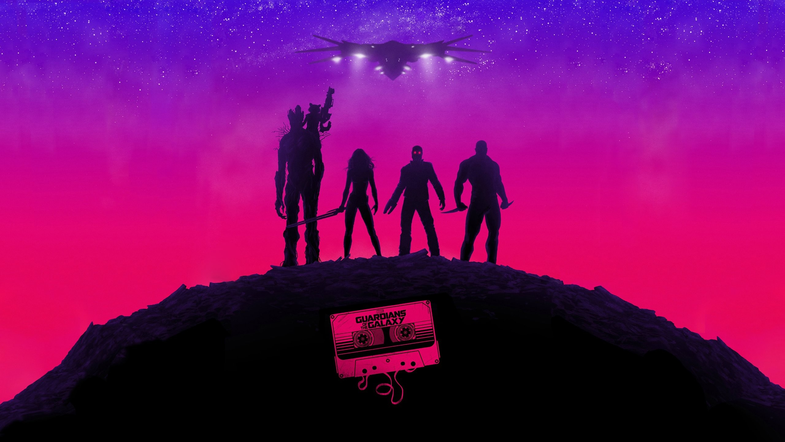 2560x1440 Guardians of the GalaxyMarvel Stars Purple Pink Cassette Tape Spaceship  wallpaper