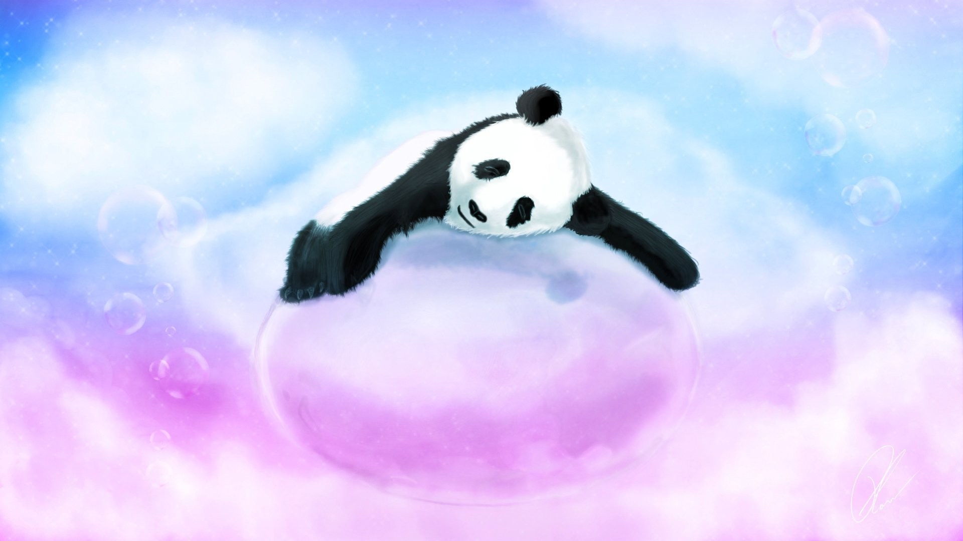 1920x1080 panda bear bubble bubbles pink blue sleeping