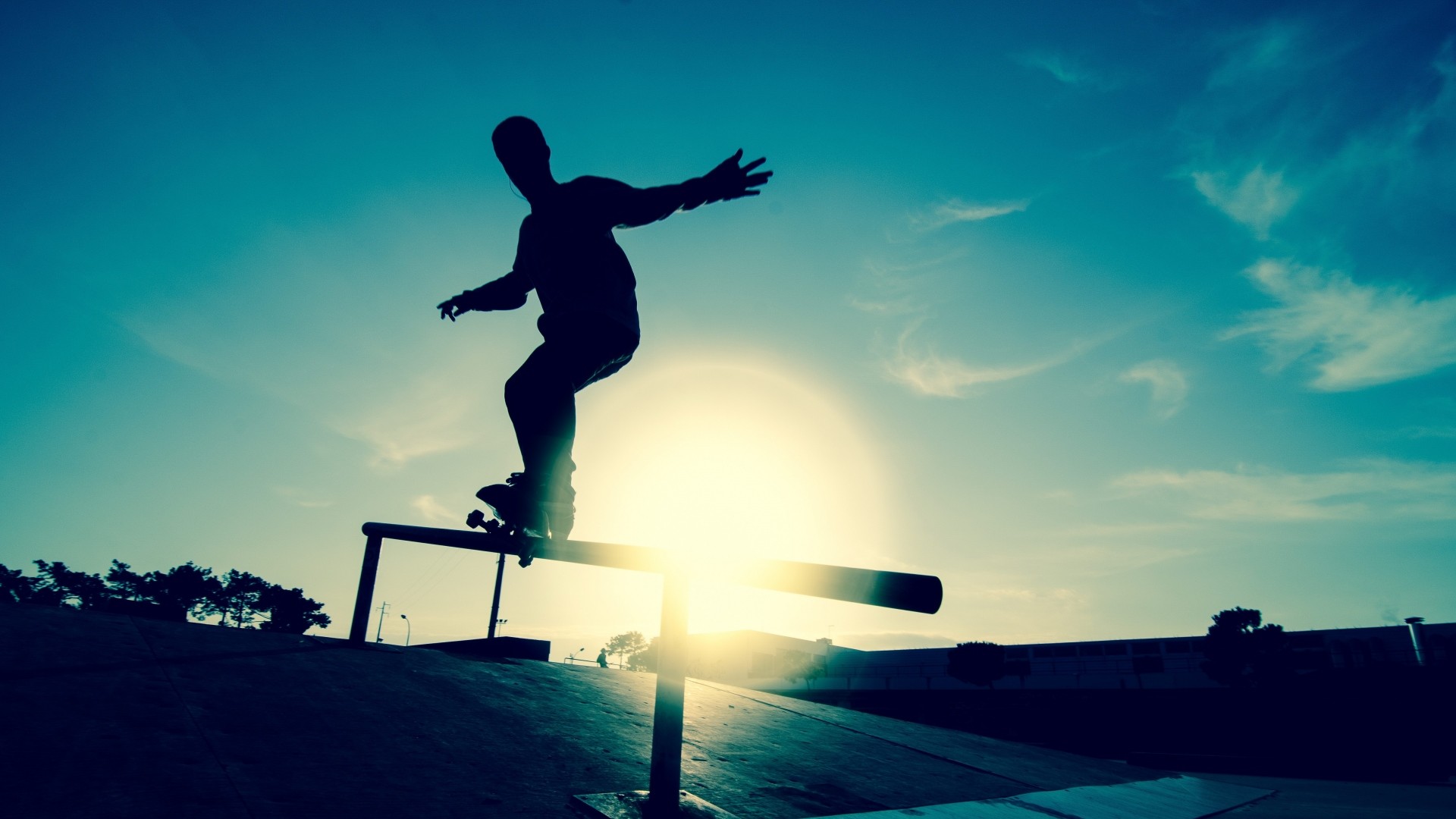 1920x1080 Preview wallpaper skate, board, athlete, railings, motion, silhouette, ice  rink