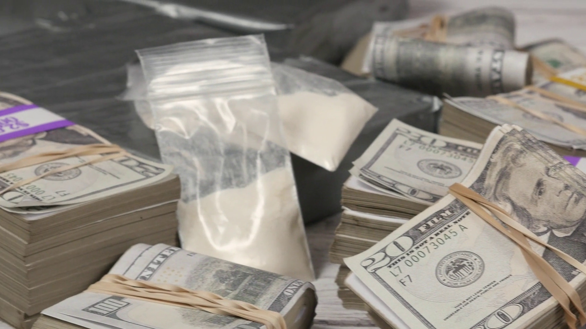 1920x1080 Subscription Library 4K Closeup Cocaine Drugs and Cash Stacks on a Table