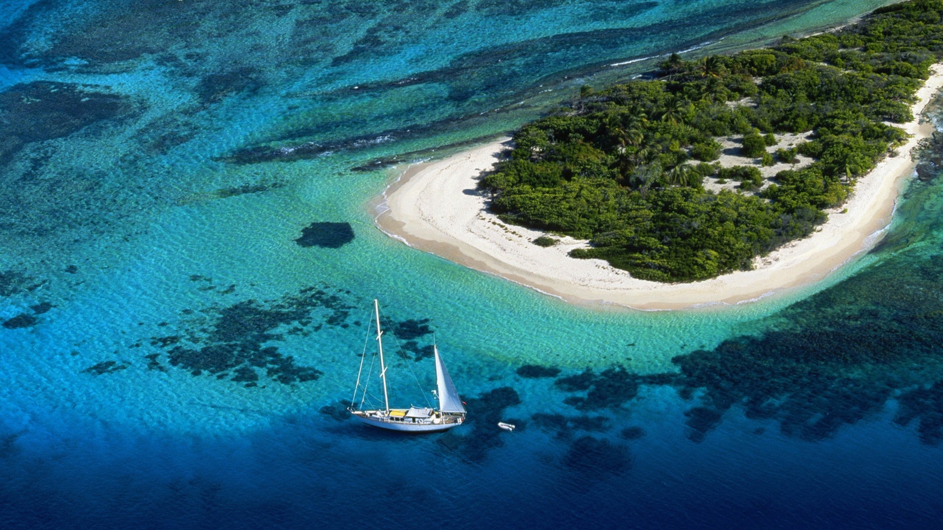 1920x1080 Preview wallpaper yacht, island, beach, bank, from above, land, water