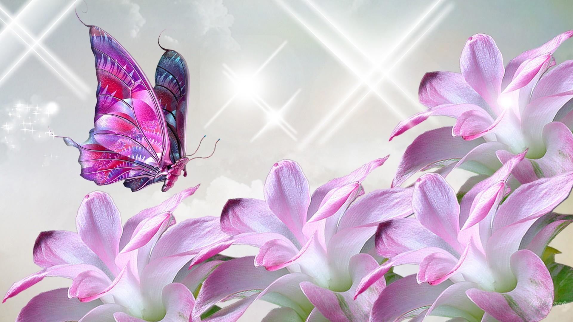 1920x1080 Pink Butterfly And Flower Collage Hd Wallpaper