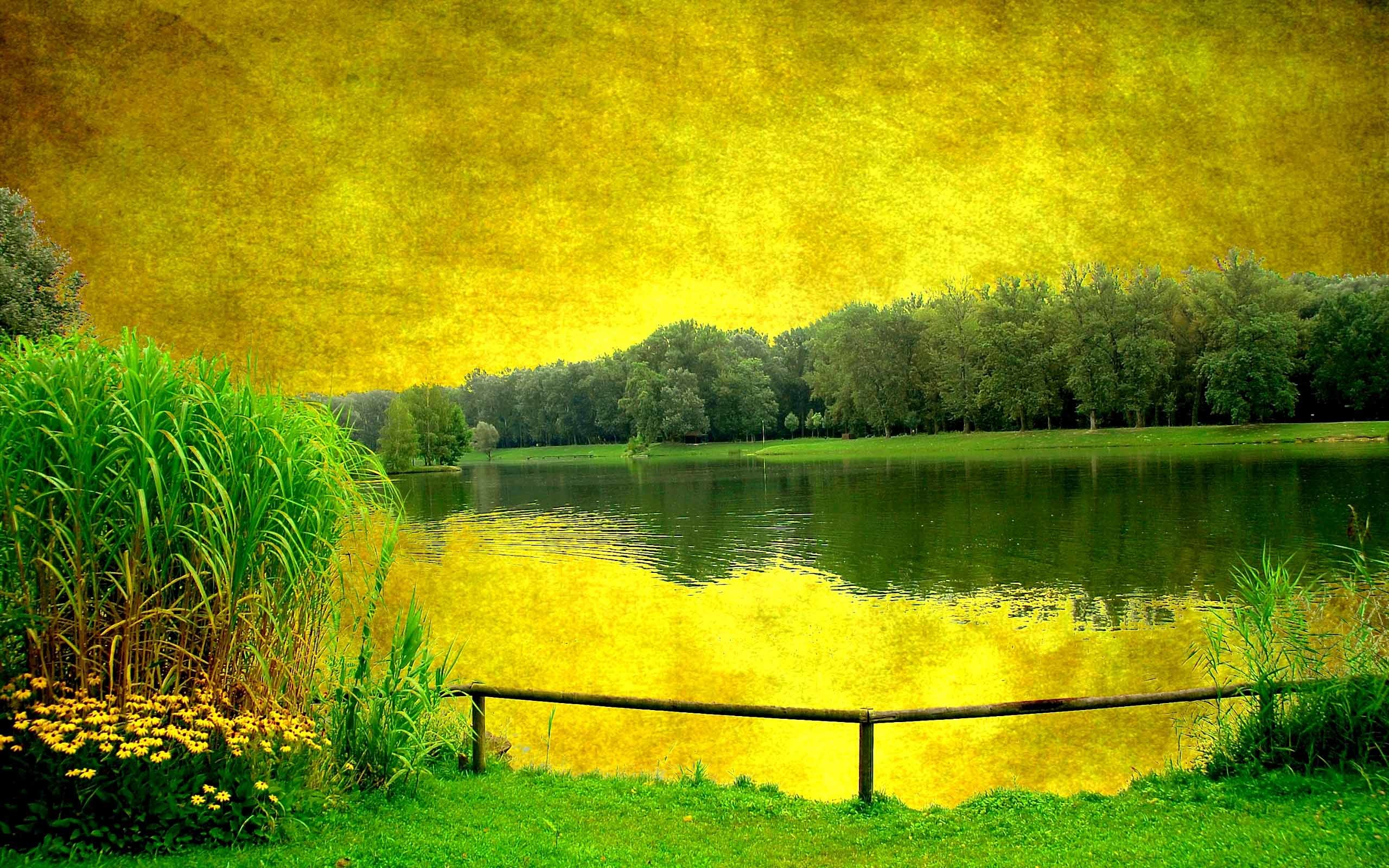 2560x1600 Image: Yellow Sky Green Scenery Lake wallpapers and stock photos. Â«