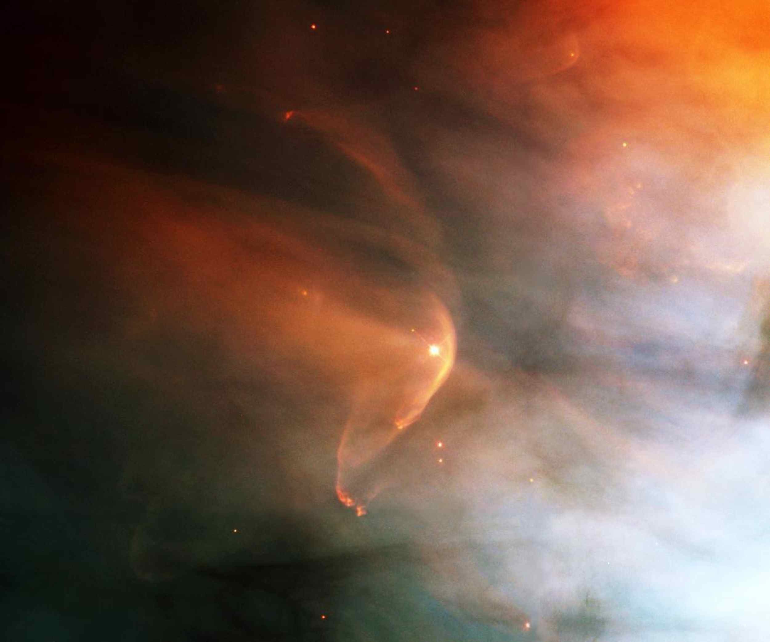 2500x2083 Orion Nebula and Bow Shock. Astronomers using NASA's Hubble Space Telescope  have found a bow shock around a very young star