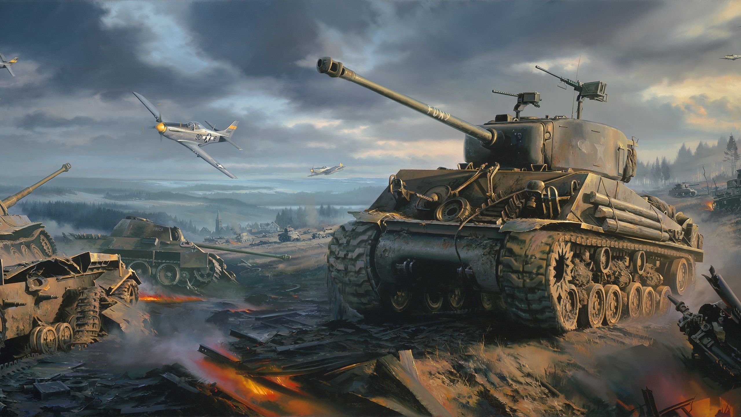2560x1440  Sherman tank Wallpaper, ww2, P-51 Mustang, war, art, painting
