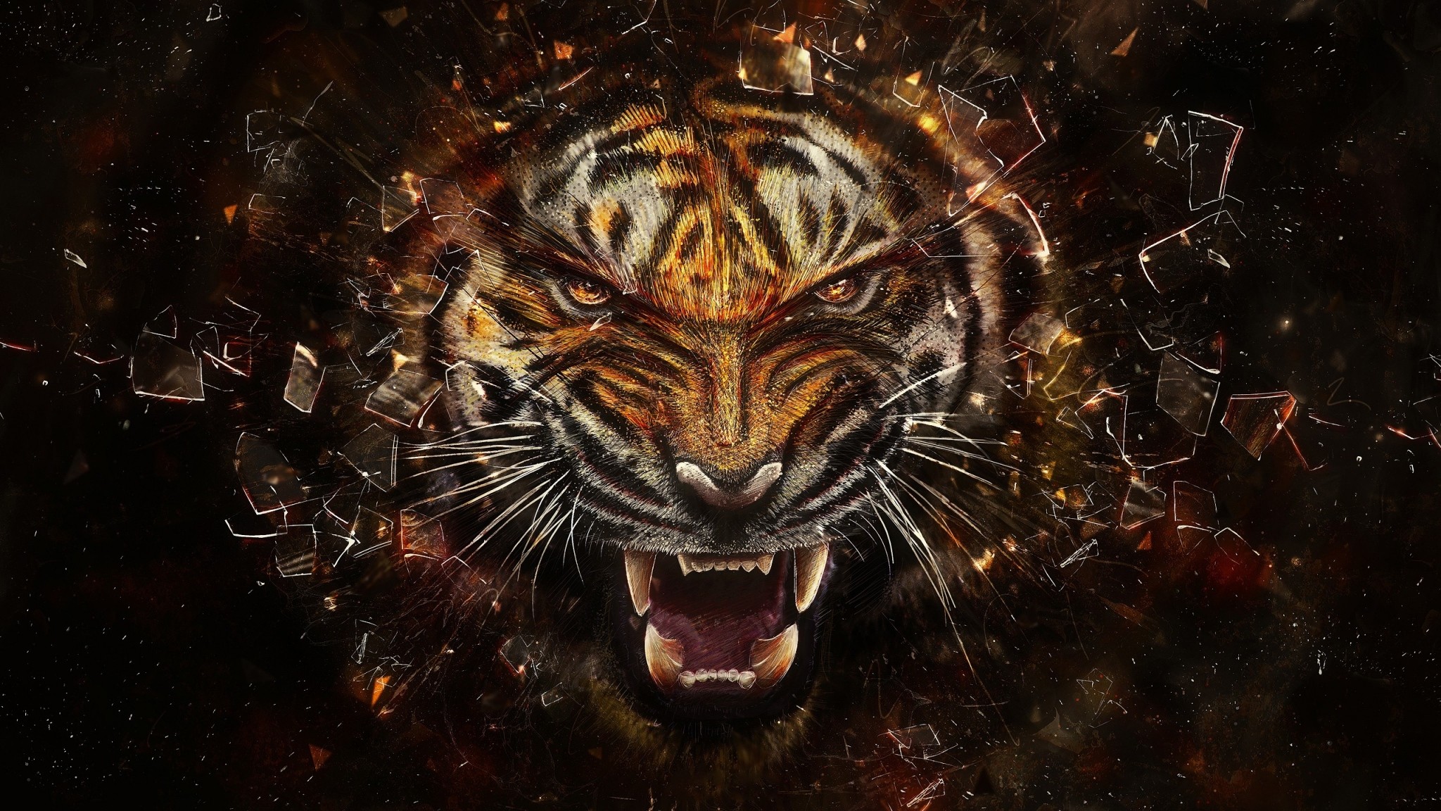 2048x1152 Preview wallpaper tiger, glass, shards, aggression, teeth 