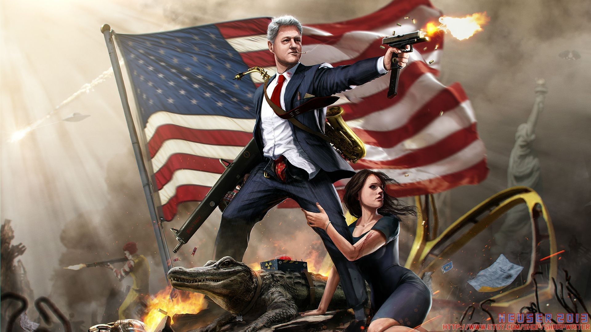 1920x1080 Humor - Politics Artistic Fantasy Bill Clinton President American Flag  Wallpaper