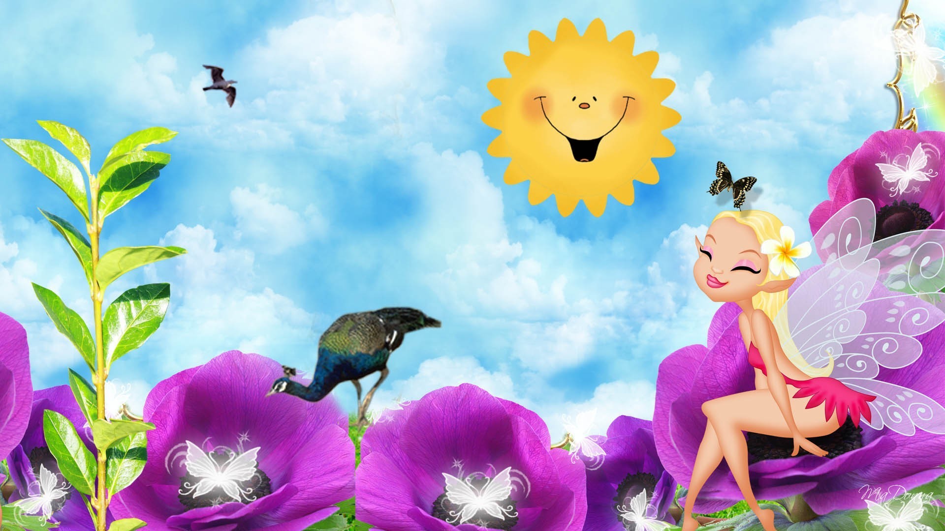 1920x1080 Fairy Tag - Flowers Birds Sun Sky Kids Plant Cute Fairy Children Flower  Computer Wallpapers for