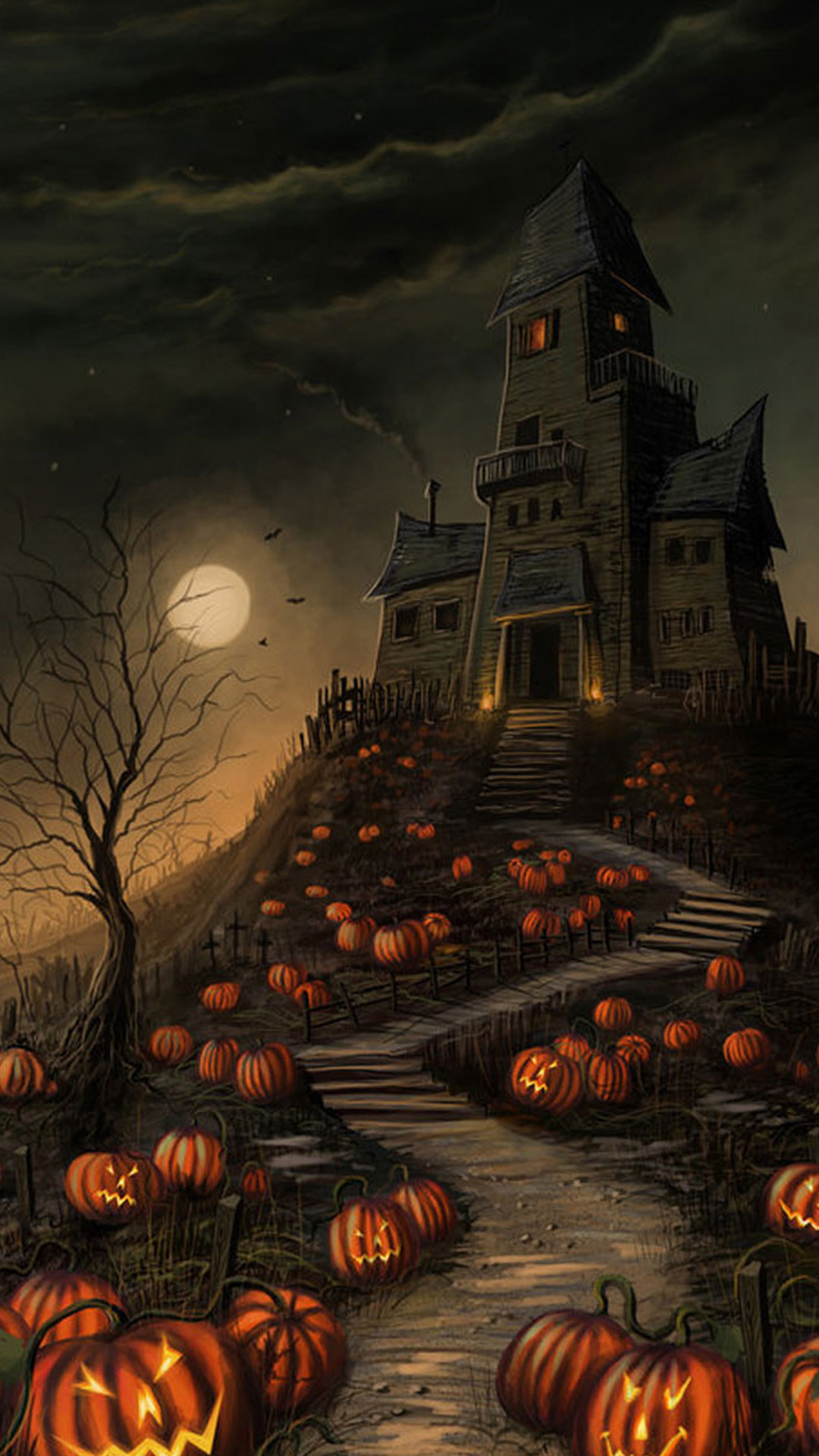 1080x1920 Halloween Haunted House Pumpkin Android Wallpaper download 