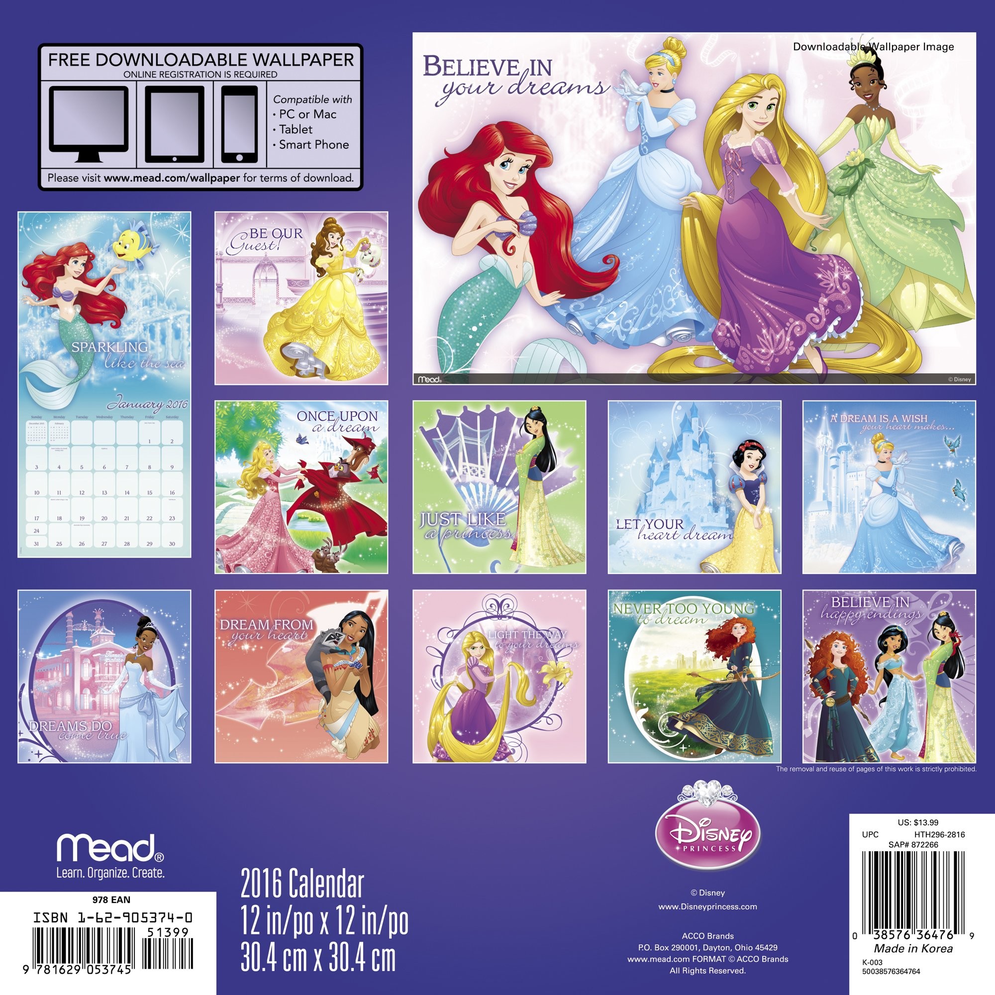 2000x2000 Disney Princess Wall Calendar (2016): Mead: 0038576364769: Amazon.com: Books