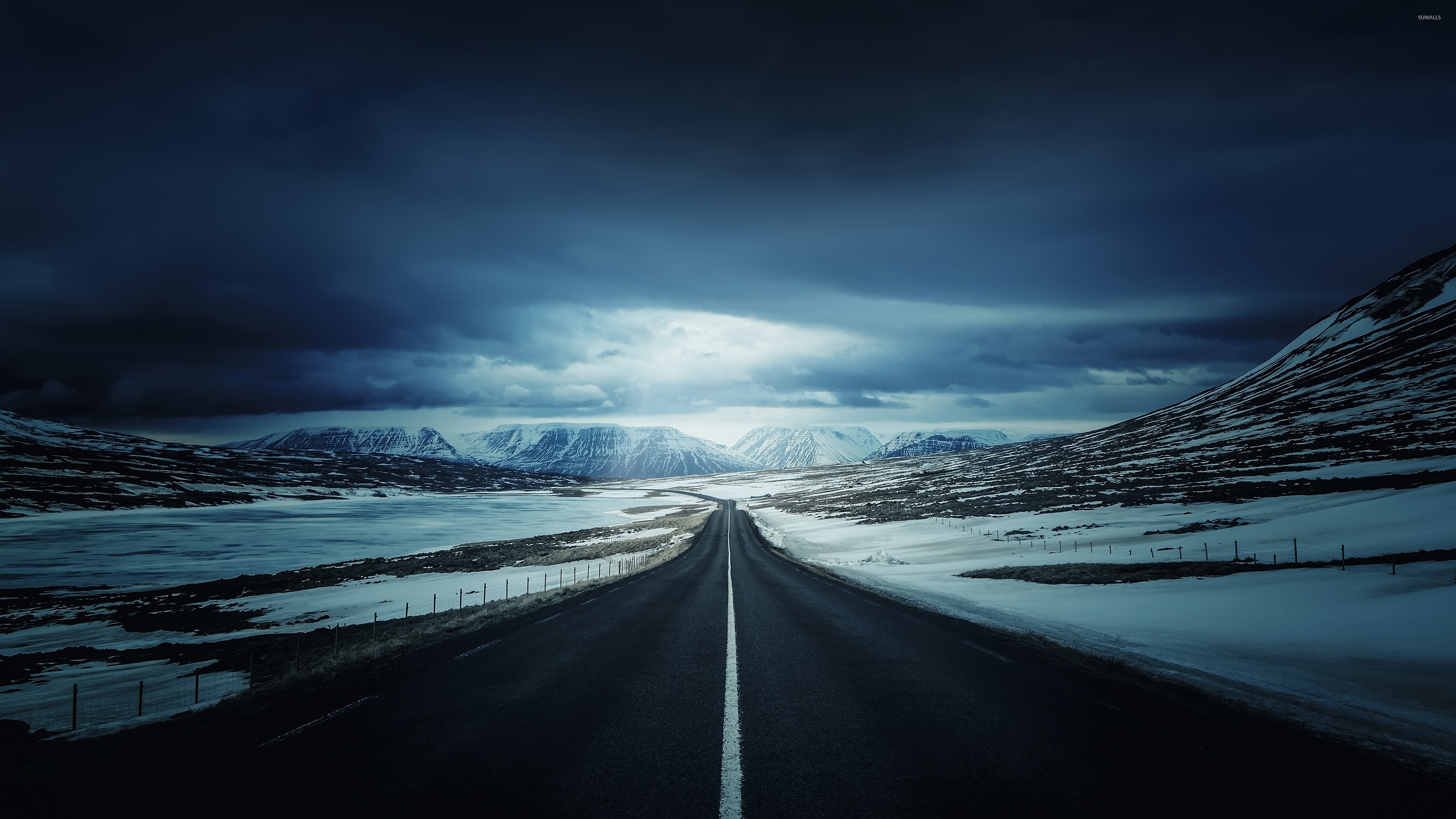 3840x2160 Road towards the snowy mountains wallpaper