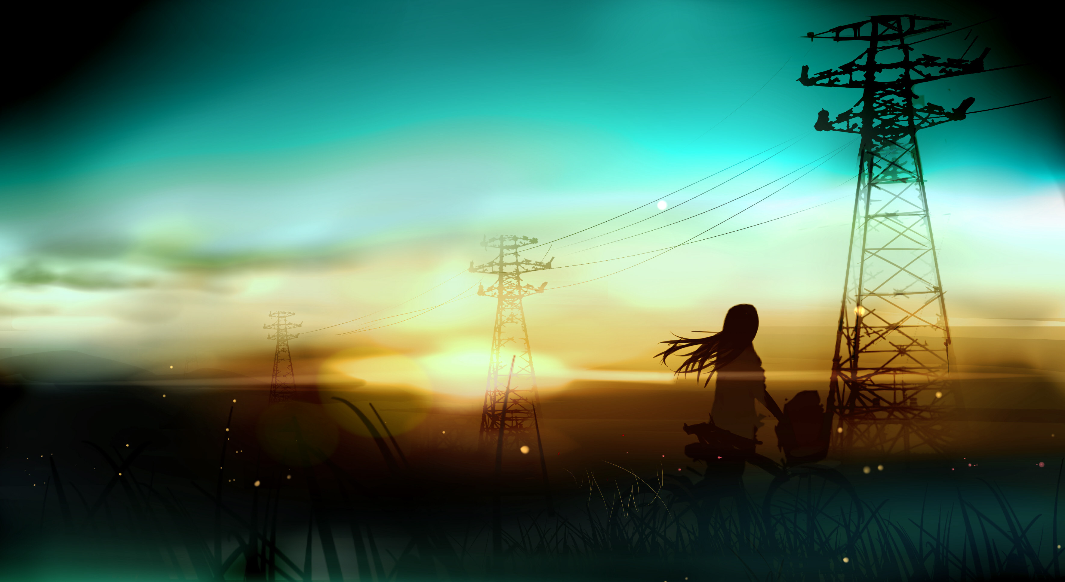 3541x1938 power poles, memories, country, girl, sunset, anime art, fireflies