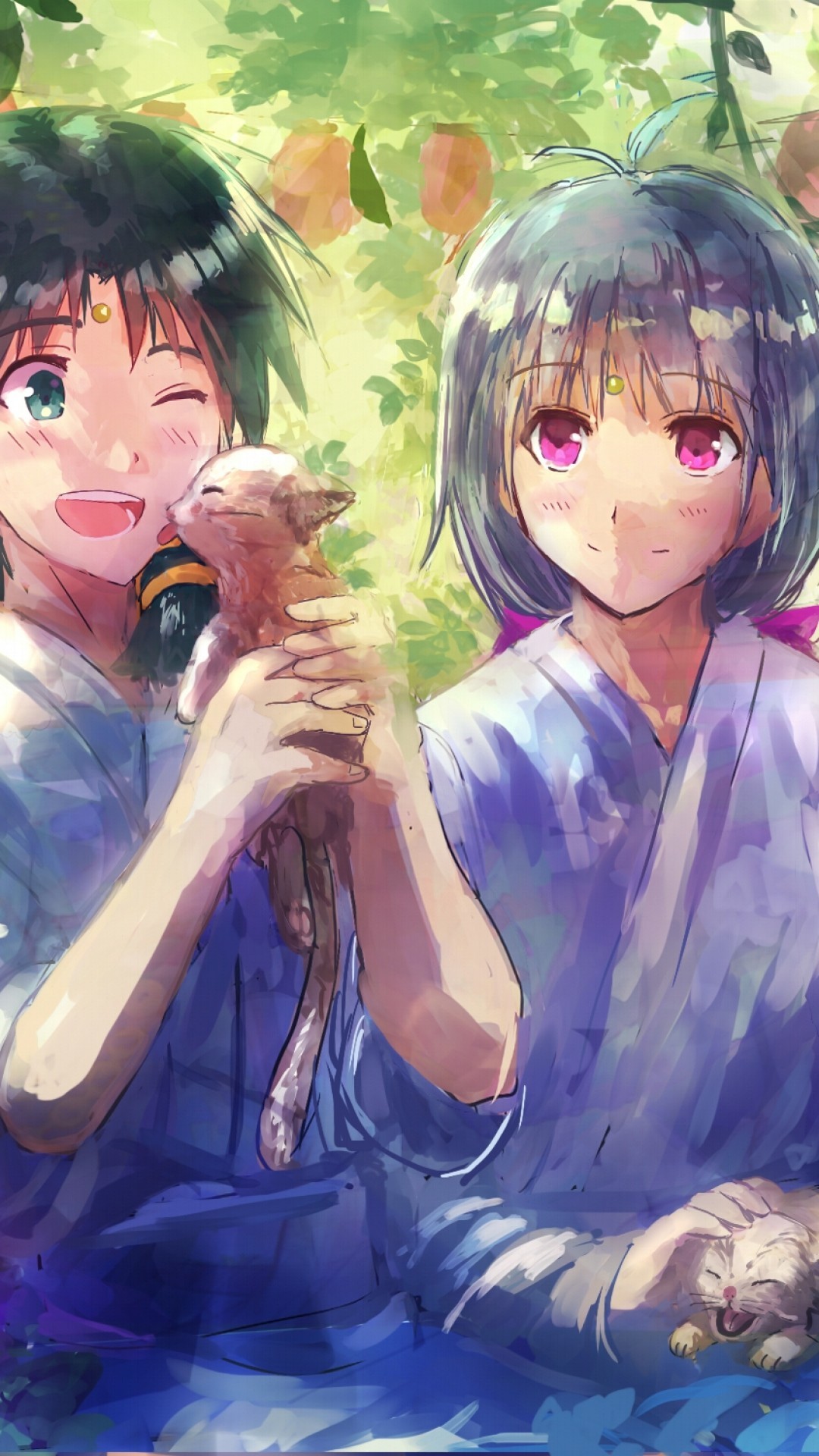 1080x1920 Anime Couple, Painting, Cats, Flowers, Smiling