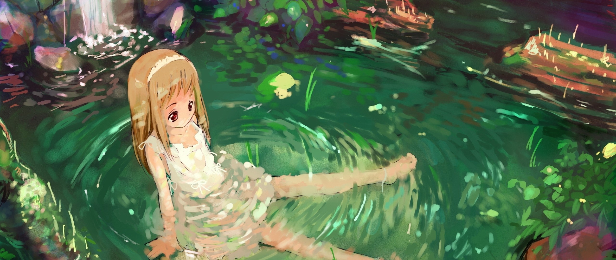 2560x1080  Wallpaper anime, girl, nature, water, sadness