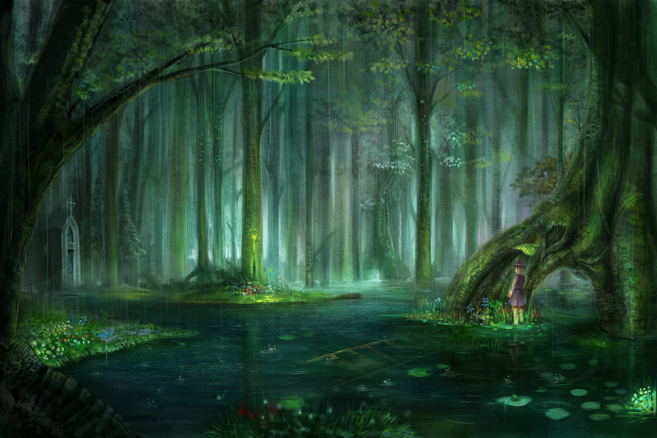 2100x1400 Blondes water landscapes nature touhou trees rain flowers forest leaves  pond plants short hair scenic moriya suwako chapel anime raindrops l.
