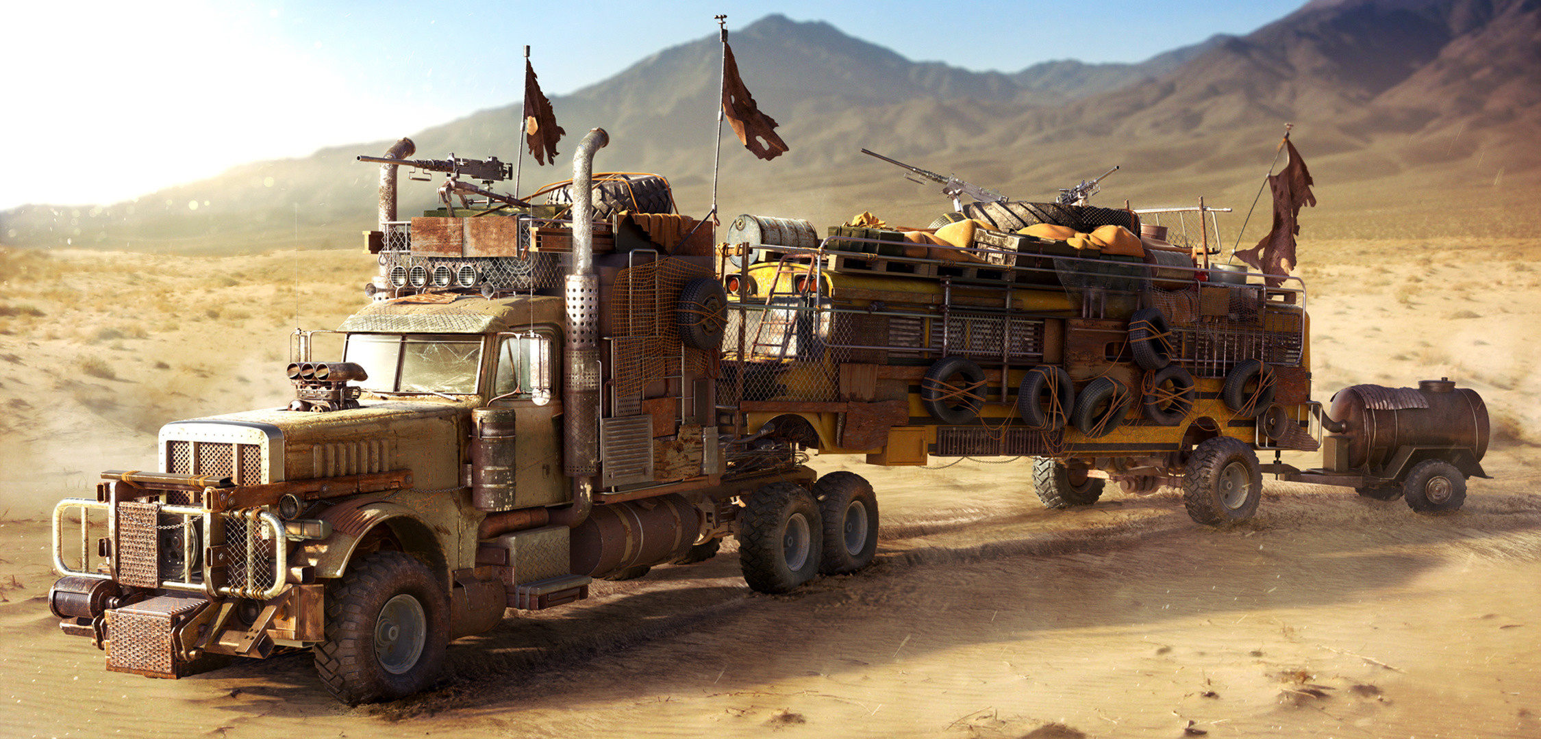 2250x1080 fallout, school bus, truck, wasteland, desert, postapocalyptic, desert, bus