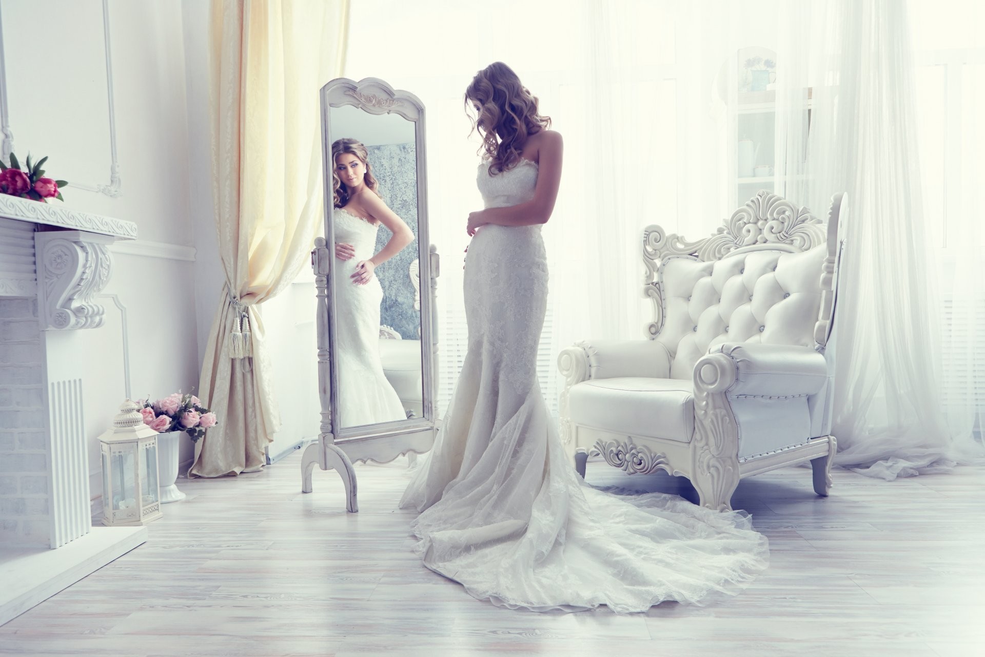 1920x1280 bride wedding dress dress mirror reflection chair style