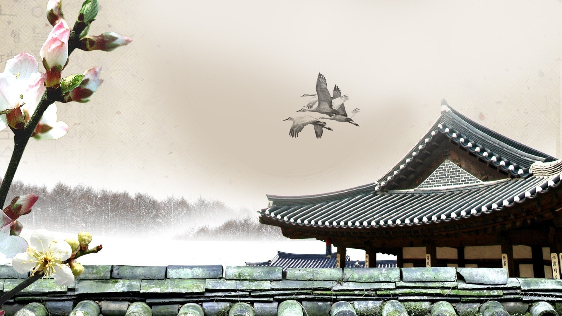 1920x1080 Cherry blossoms fog mist pagodas oriental pagoda wallpaper |  |  333389 | WallpaperUP